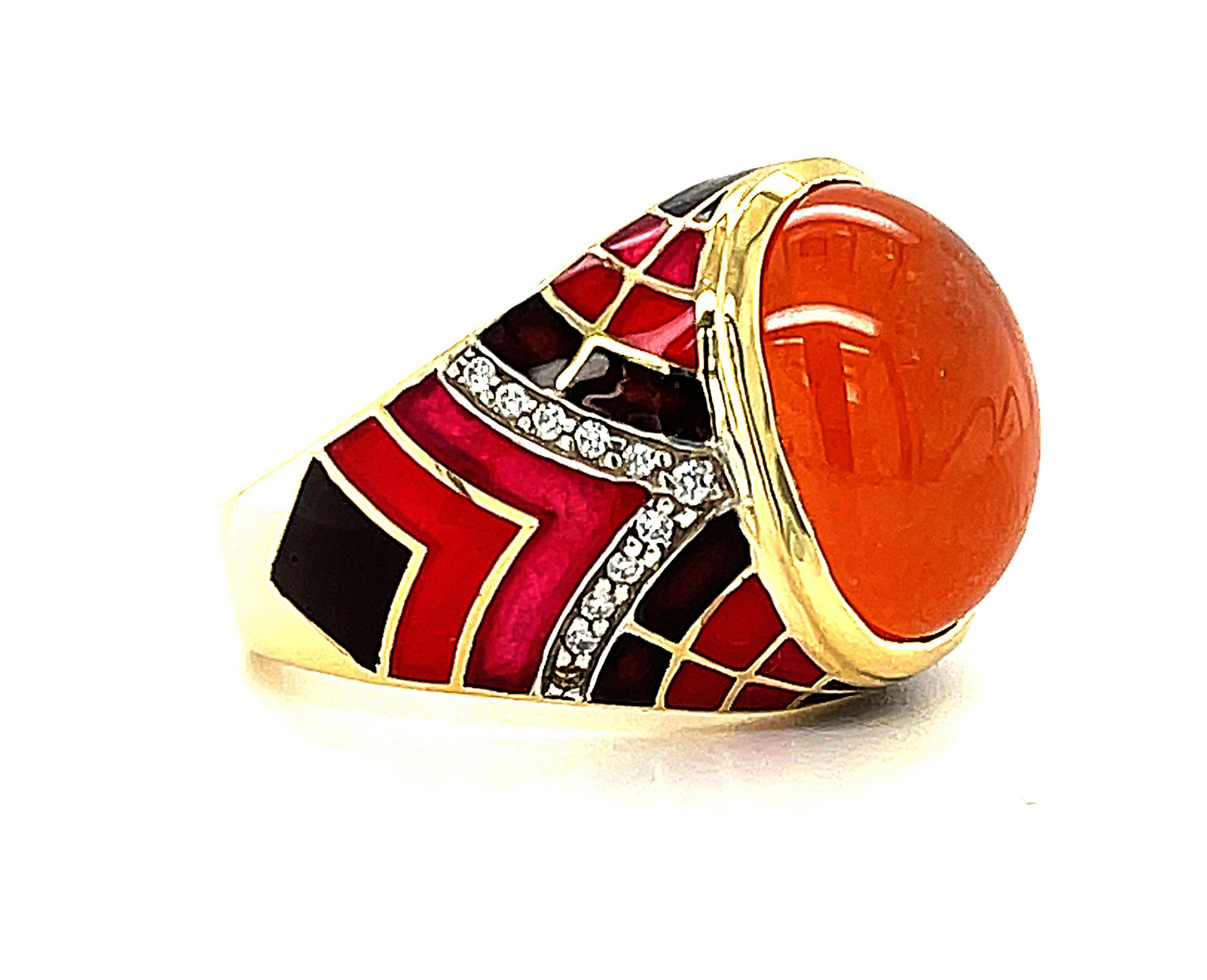 14.79 Spessartite Garnet Cabochon Diamond Enamel Yellow Gold Dome Band Ring 18K In New Condition In Los Angeles, CA