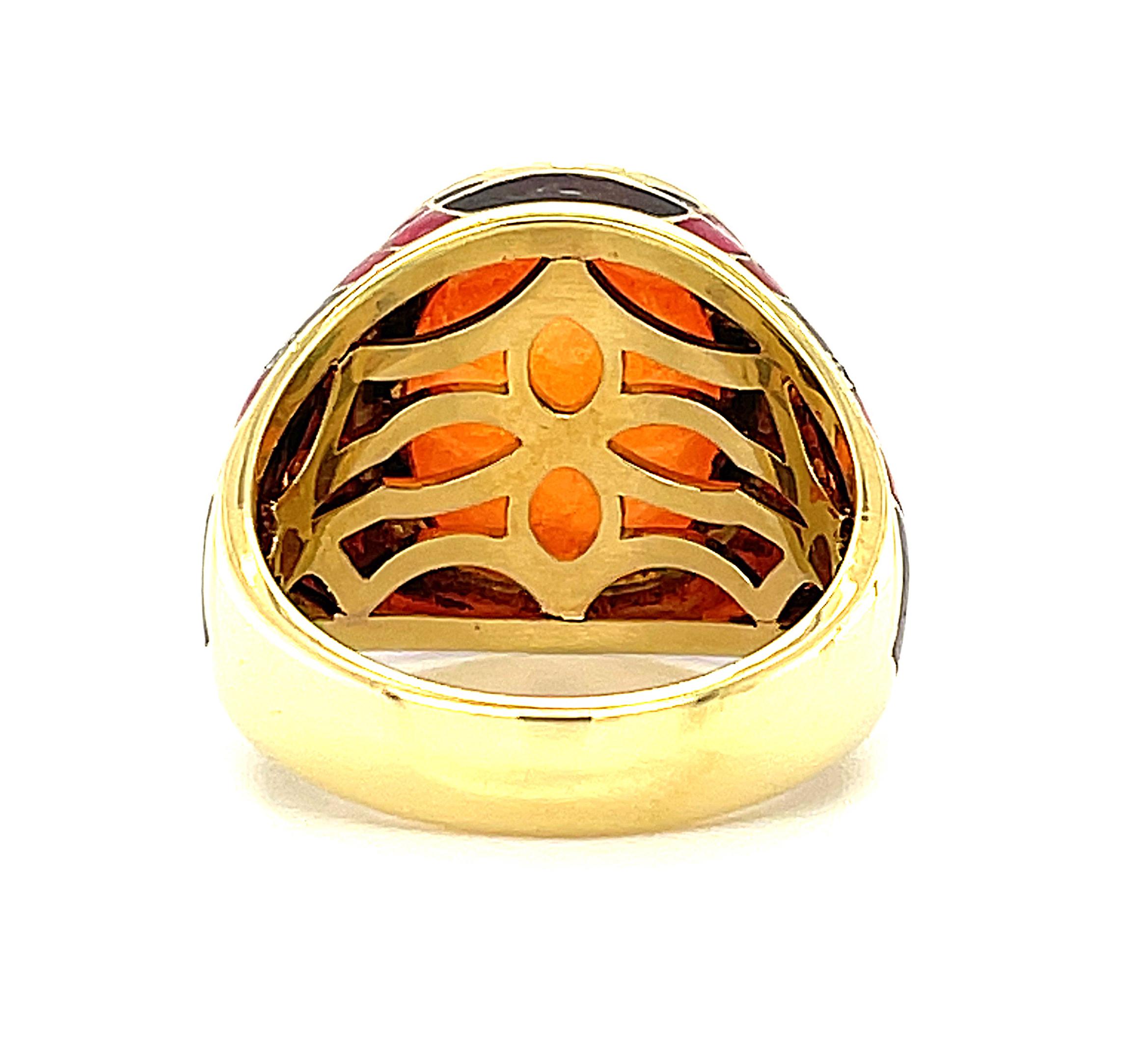 14.79 Spessartite Garnet Cabochon Diamond Enamel Yellow Gold Dome Band Ring 18K 1
