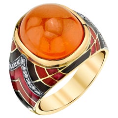 14,79 Spessartit Granat Cabochon Diamant Emaille Gelbgold Dome Band Ring 18K