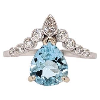 1.47ct Aquamarine Ring w Diamond Accents in 14k White Gold Trillion Cut 9x8mm For Sale