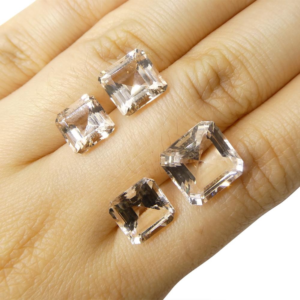 Description:

Gem Type: Morganite 
Number of Stones: 4
Weight: 14.7 cts
Measurements: 11.00 x 11.00 x 7.00 mm to 8.00 x 8.00 x 5.50  mm
Shape: Asscher Cut
Cutting Style Crown: Step Cut
Cutting Style Pavilion: Step Cut 
Transparency: