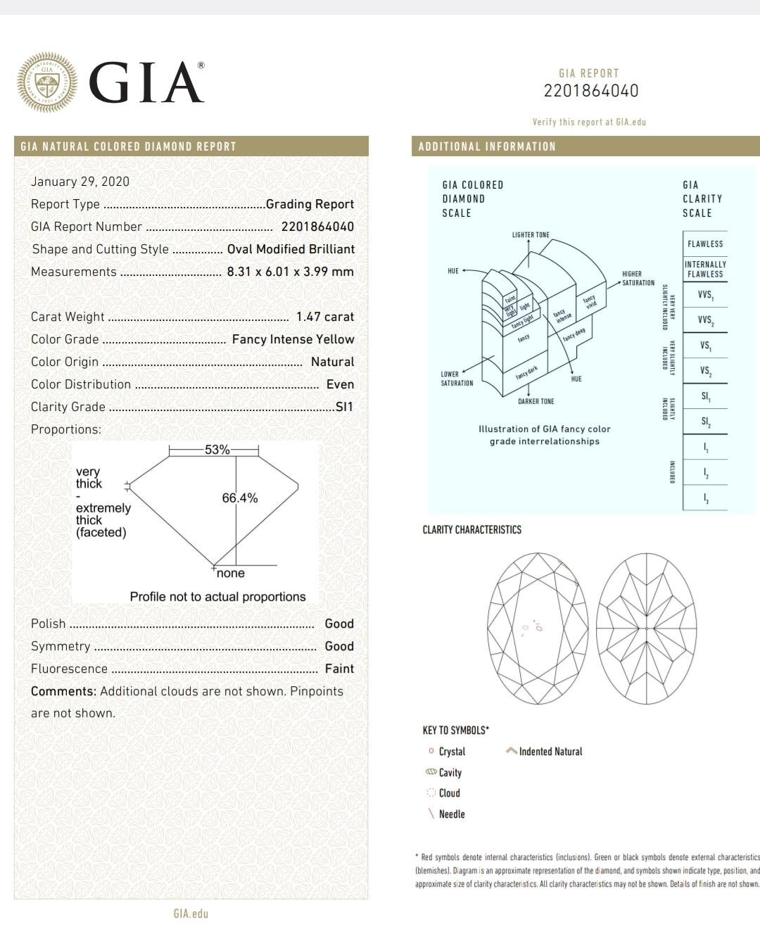 Women's 1.47ct GIA Fancy Intense Yellow Oval Diamond Ring For Sale