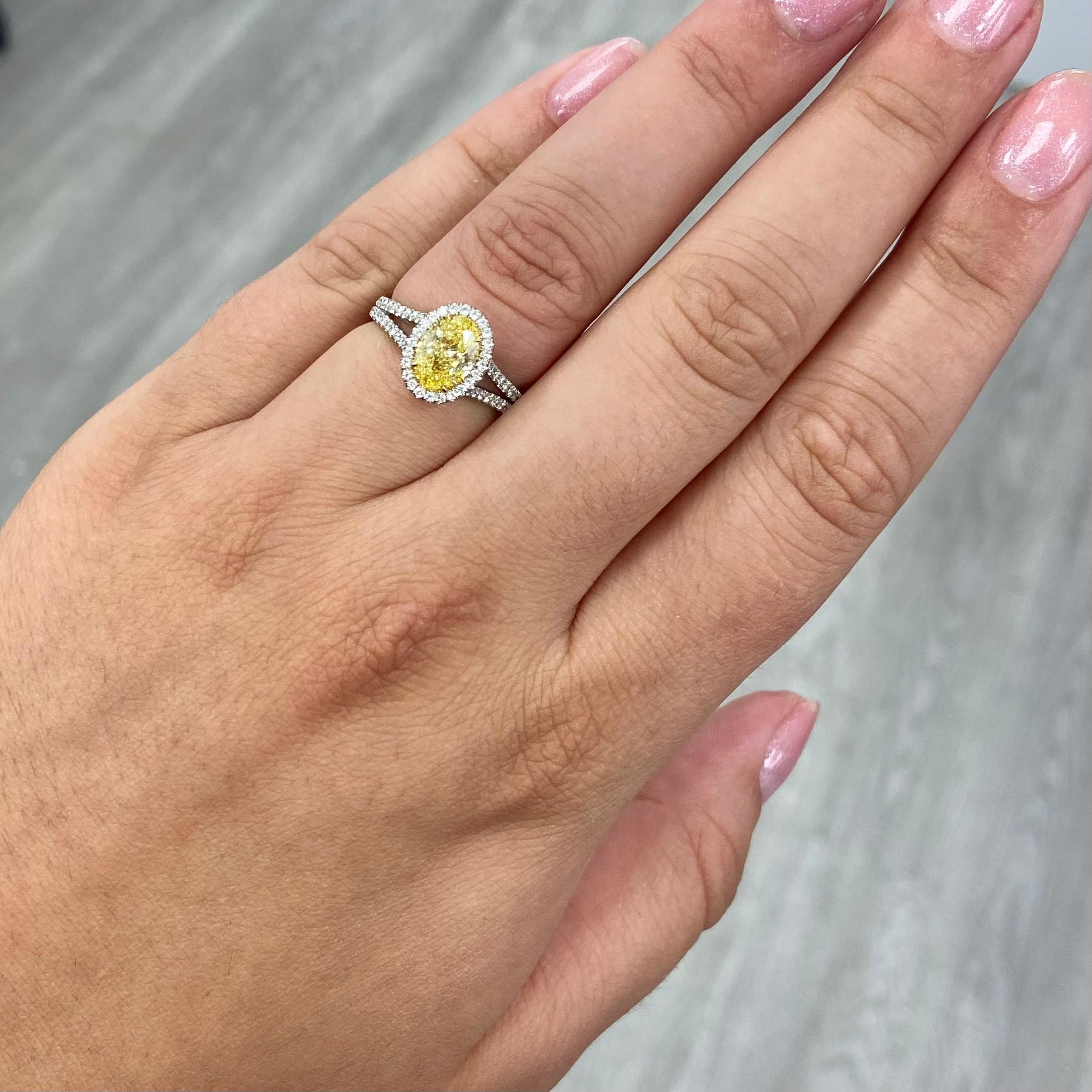 Oval Cut 1.47ct GIA Fancy Intense Yellow Oval Diamond Ring For Sale
