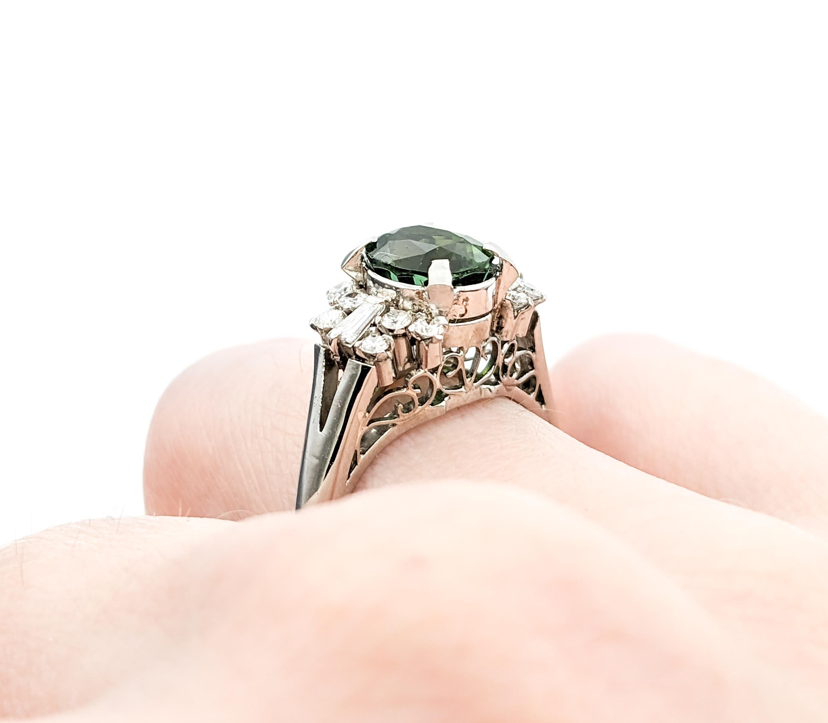 Round Cut 1.47ct Green Tourmaline & Diamond Ring In Platinum For Sale