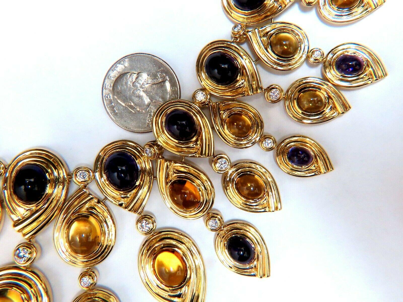 126ct. Natural Amethyst Citrine Necklace Earrings Suite

Cabochon Cut Purple Amethyst & Yellow Citrines

Clean clarity & Transparent

Ranging 12x10-3x5mm

6.15ct. Natural round diamonds,

Full cut, brilliant

Vs-2 clarity F/G-color.

Necklace