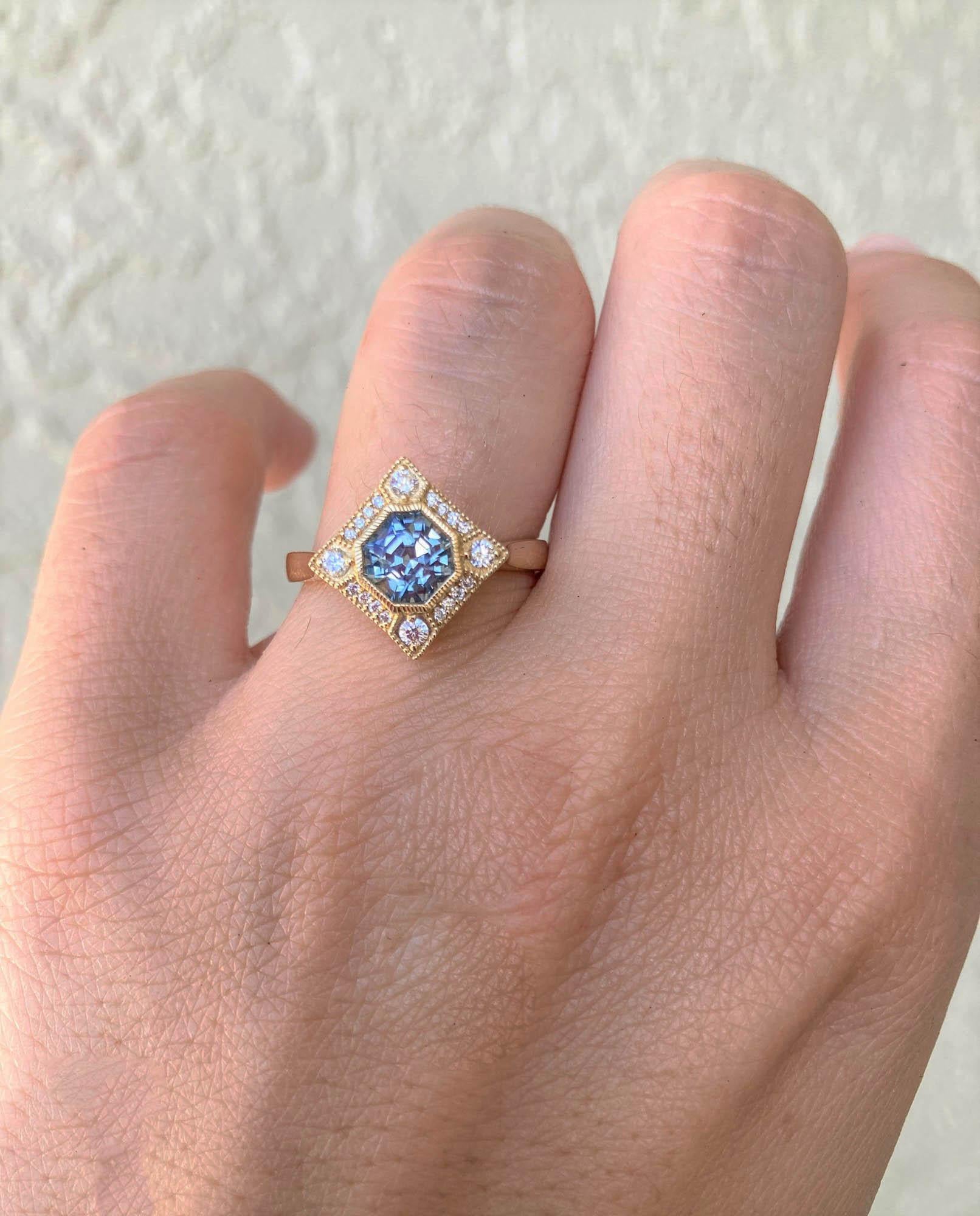 Asscher Cut 1.47ct Oregon Sunstone Diamond Halo 14K Gold Engagement Ring Bezel Set AD2219