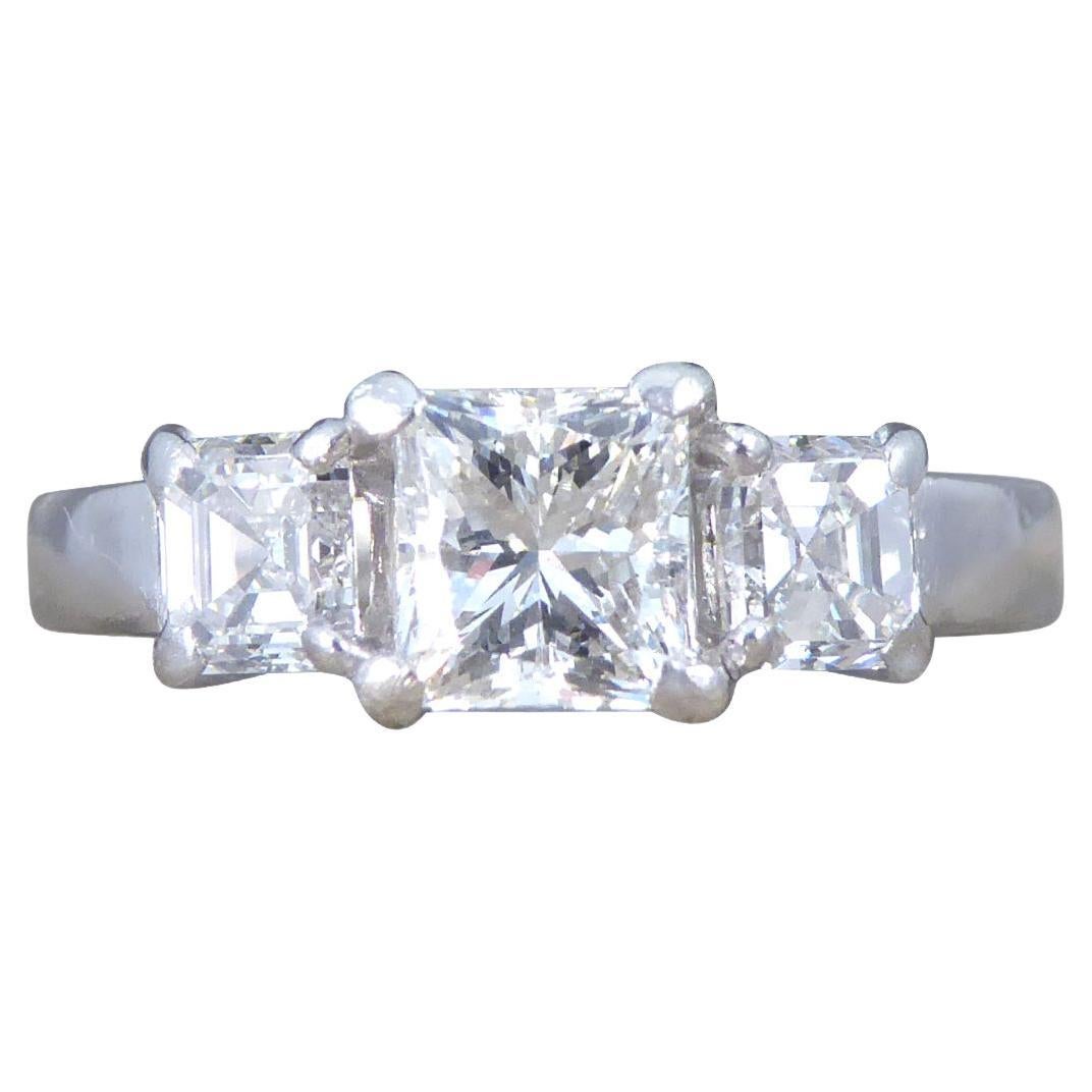 1.47ct Princess Cut and Asscher Cut Diamond Three Stone Ring in Platinum For Sale