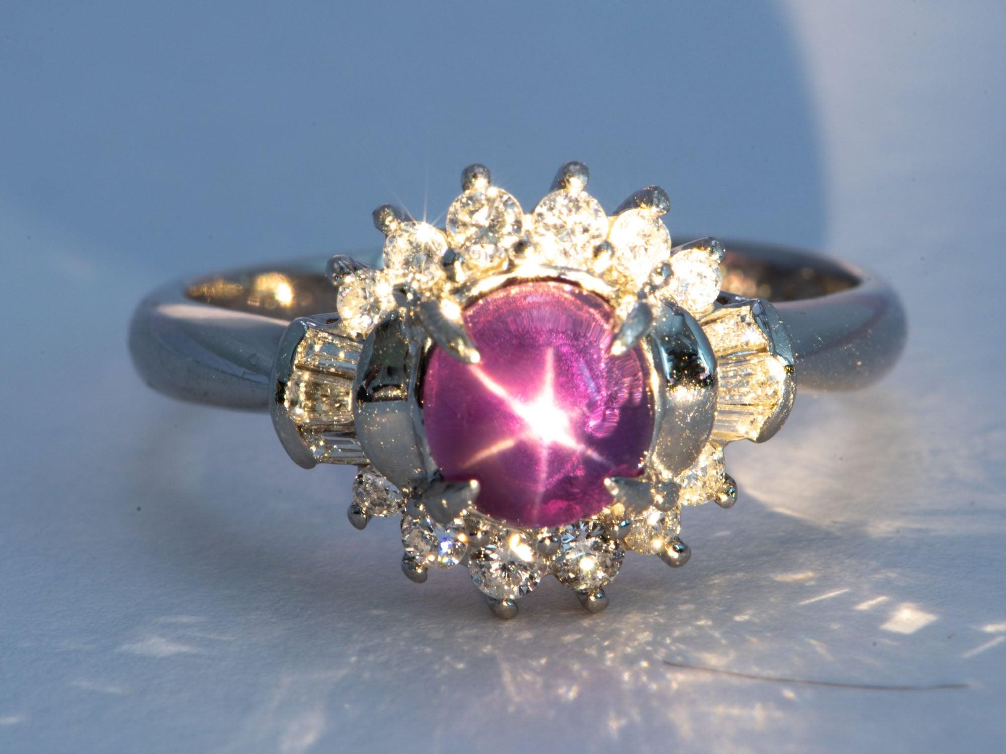 ♥ 1.47ct Purple Star Sapphire with Diamond Halo Platinum Engagement Ring V1161
♥ This item measures 11.2mm in length (North South direction), 12.7mm in width (East West direction), and sits 7.1mm tall from the finger. 

♥ Material: Platinum 850

♥