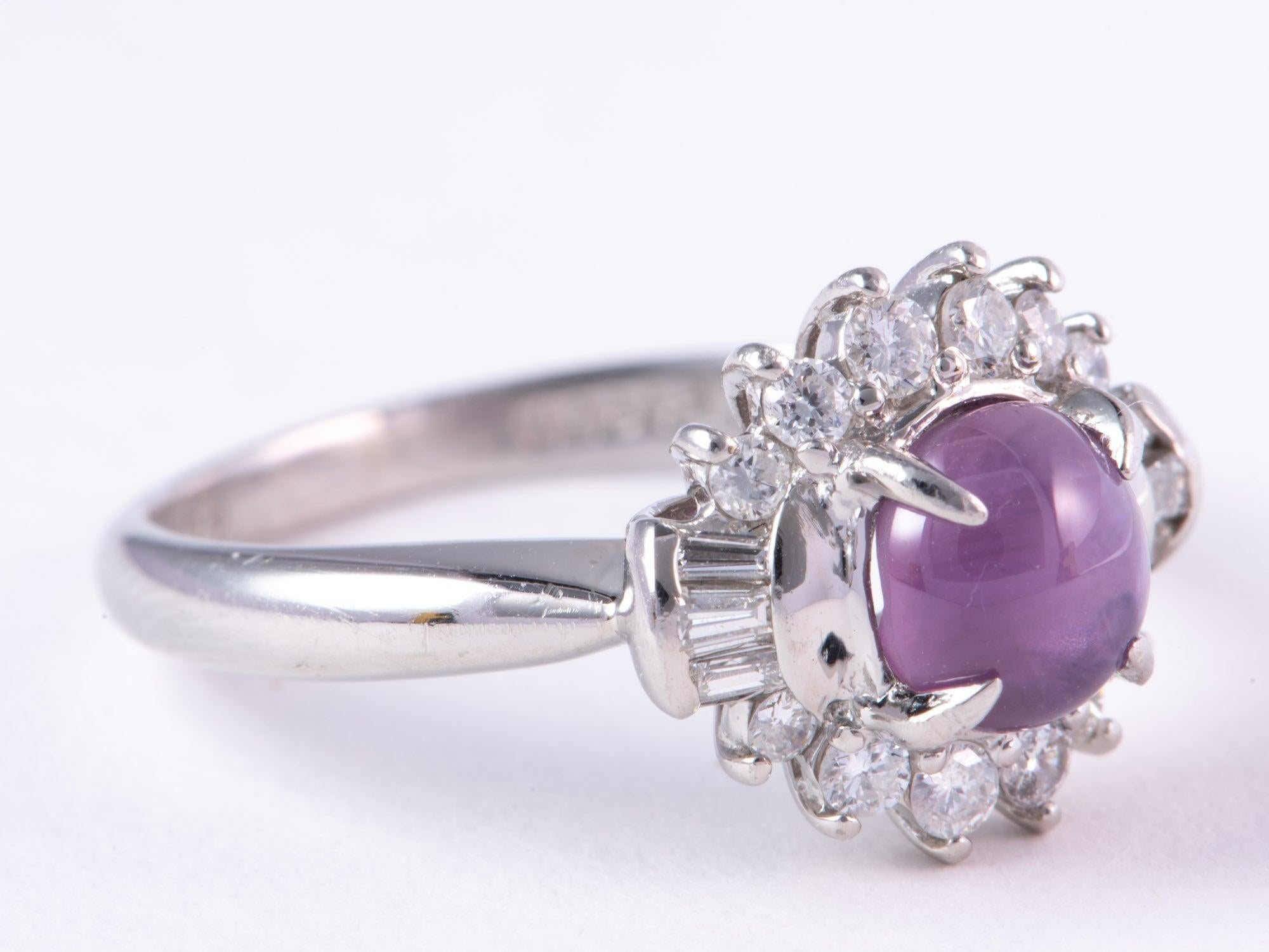 Uncut 1.47ct Purple Star Sapphire with Diamond Halo Platinum Engagement Ring V1161 For Sale
