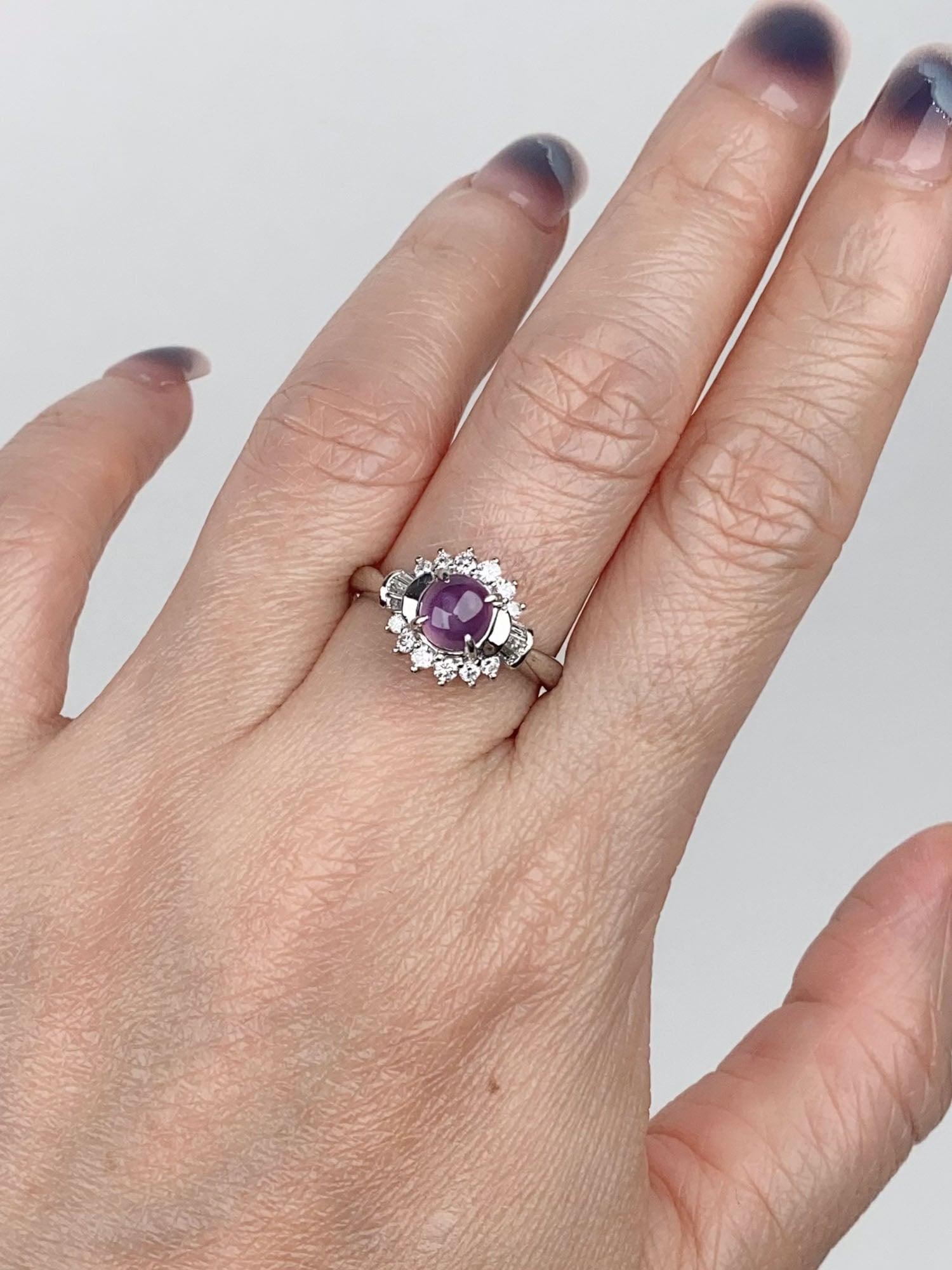 1.47ct Purple Star Sapphire with Diamond Halo Platinum Engagement Ring V1161 For Sale 2
