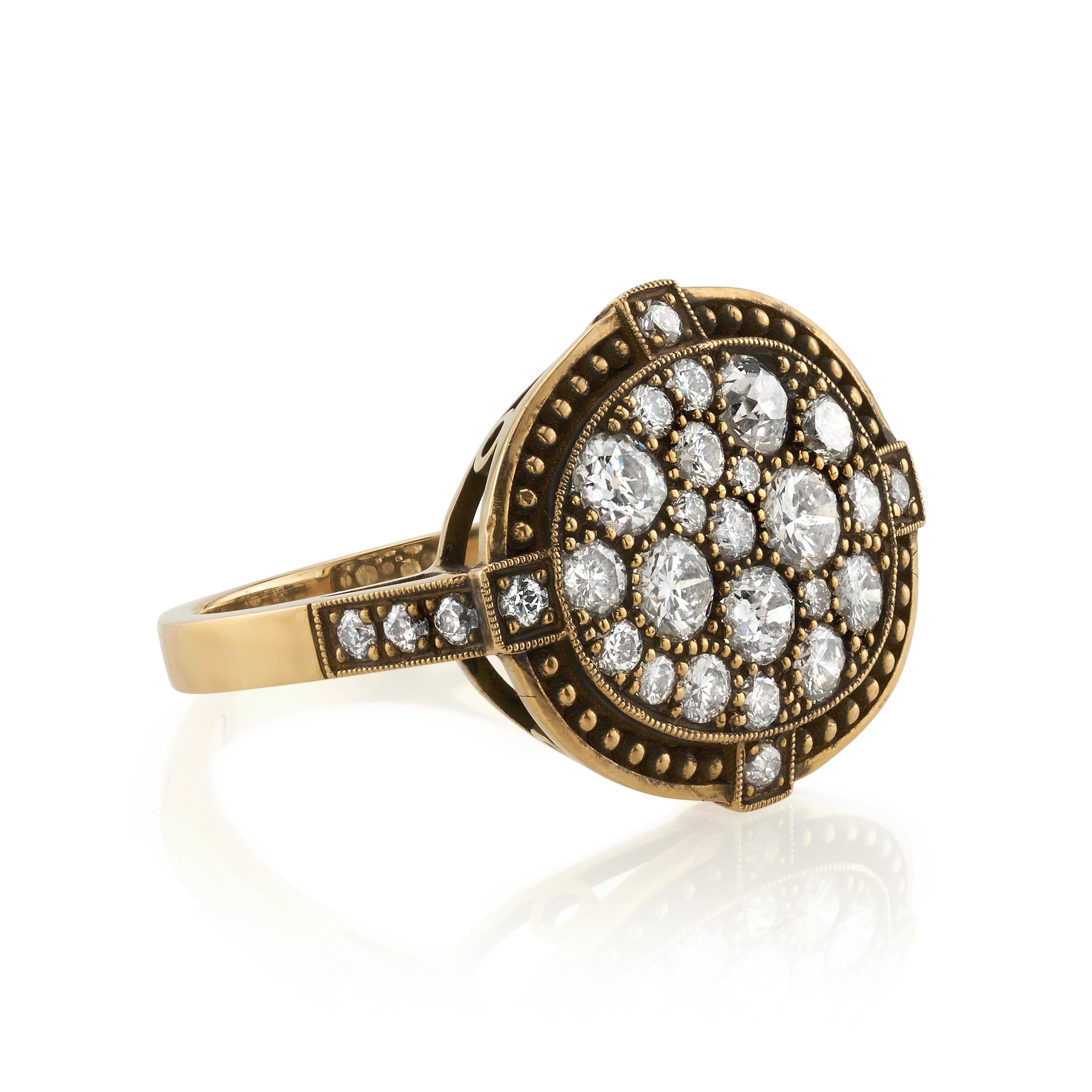 1.47ctw old European, old Mine, vintage Cushion, Single and Round Brilliant cut diamonds bead set in a handcrafted 18K oxidized yellow gold mounting.

Price may vary according to total diamond weight. 

Ring is currently a size 6 and can be sized to