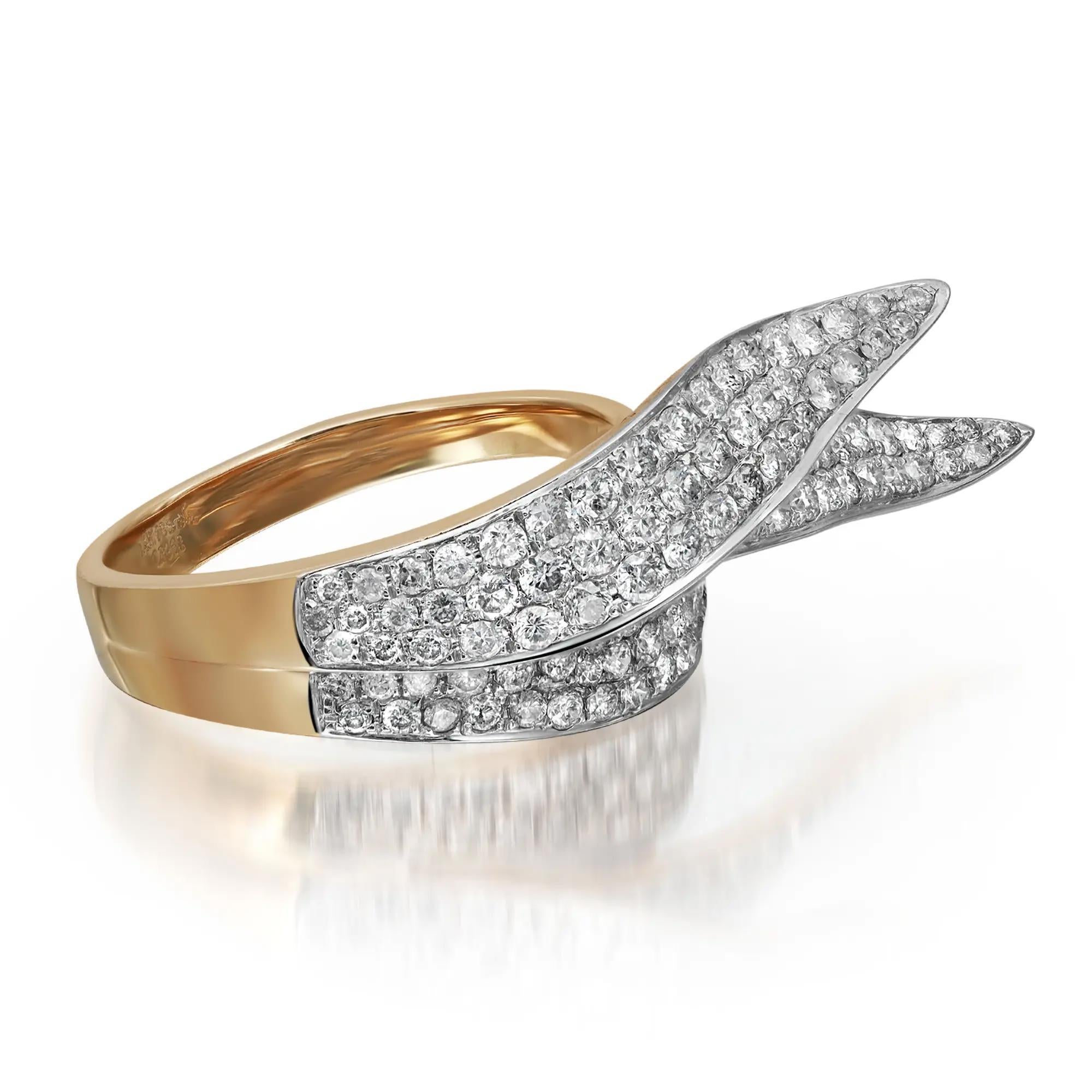 Fun and dramatic, this ladies diamond cocktail ring makes a perfect statement look. Crafted in lustrous 14K yellow gold. It features pave set round brilliant cut diamonds weight 1.47 carats. Diamond quality: color I and clarity SI. Ring size: 7.5.