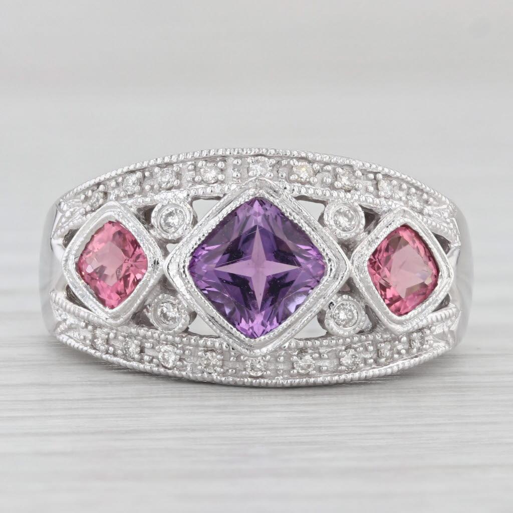 1.47ctw Tourmaline Amethyst Diamond Ring 14k White Gold Size 6.75 3-Stone In Good Condition For Sale In McLeansville, NC