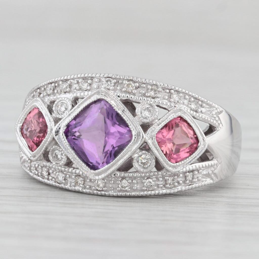 1.47ctw Tourmaline Amethyst Diamond Ring 14k White Gold Size 6.75 3-Stone For Sale 4