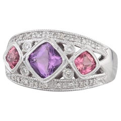 1.47ctw Tourmaline Amethyst Diamond Ring 14k White Gold Size 6.75 3-Stone