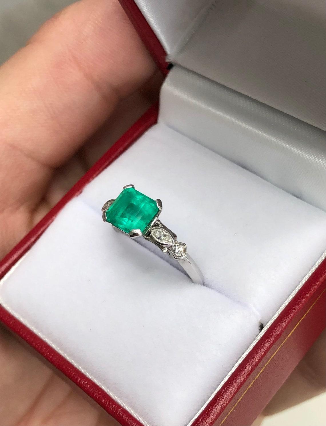 Emerald Cut 1.47tcw 18K White Gold Colombian Emerald & Diamond Engagement Ring For Sale