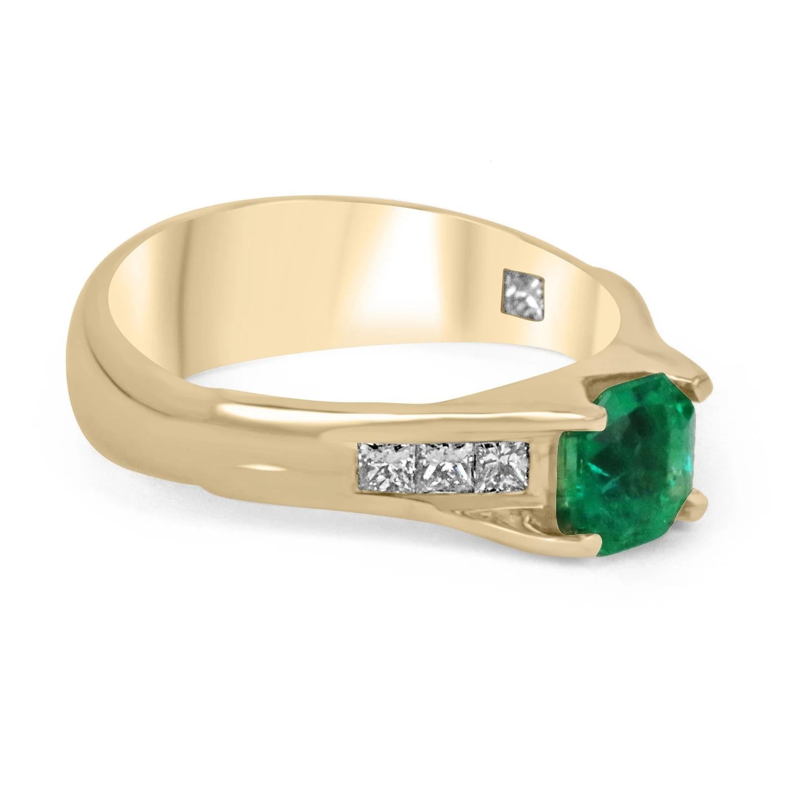 Indulge in this exquisite, fine-quality AAA Colombian emerald and princess diamond statement ring in solid 18K. The center stone features a 0.72-carat, natural rare Colombian emerald Asscher cut of high quality. Showcasing an impressive and