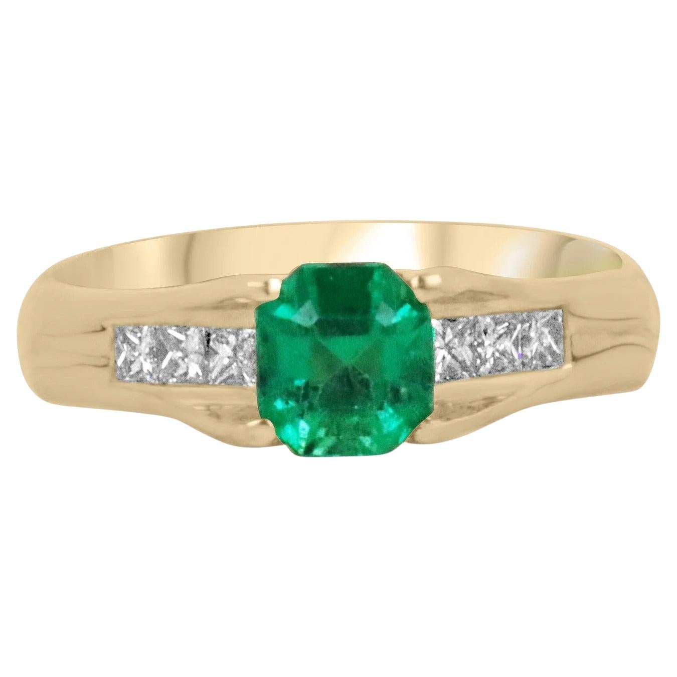 1.47tcw AAA+ Colombian Emerald-Asscher Cut & Princess Cut Diamond Engagement 18K For Sale