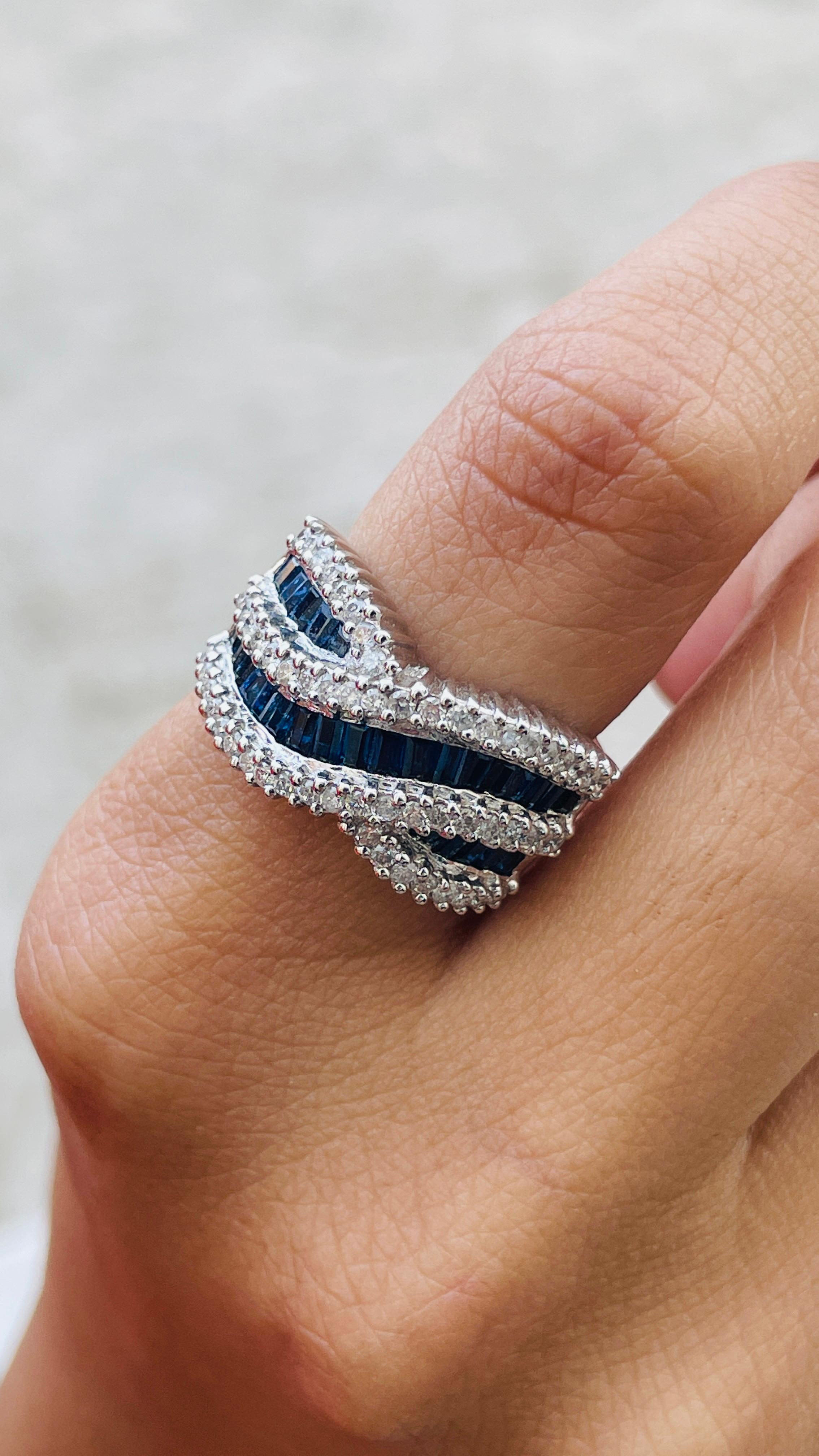 For Sale:  1.48 Carat Sapphire & Diamond Criss Cross Ring in 14k White Gold Gift for Mom 4