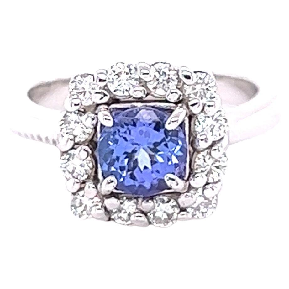 1.48 Carat Blue Sapphire Diamond 14 Karat White Gold Engagement Ring For Sale