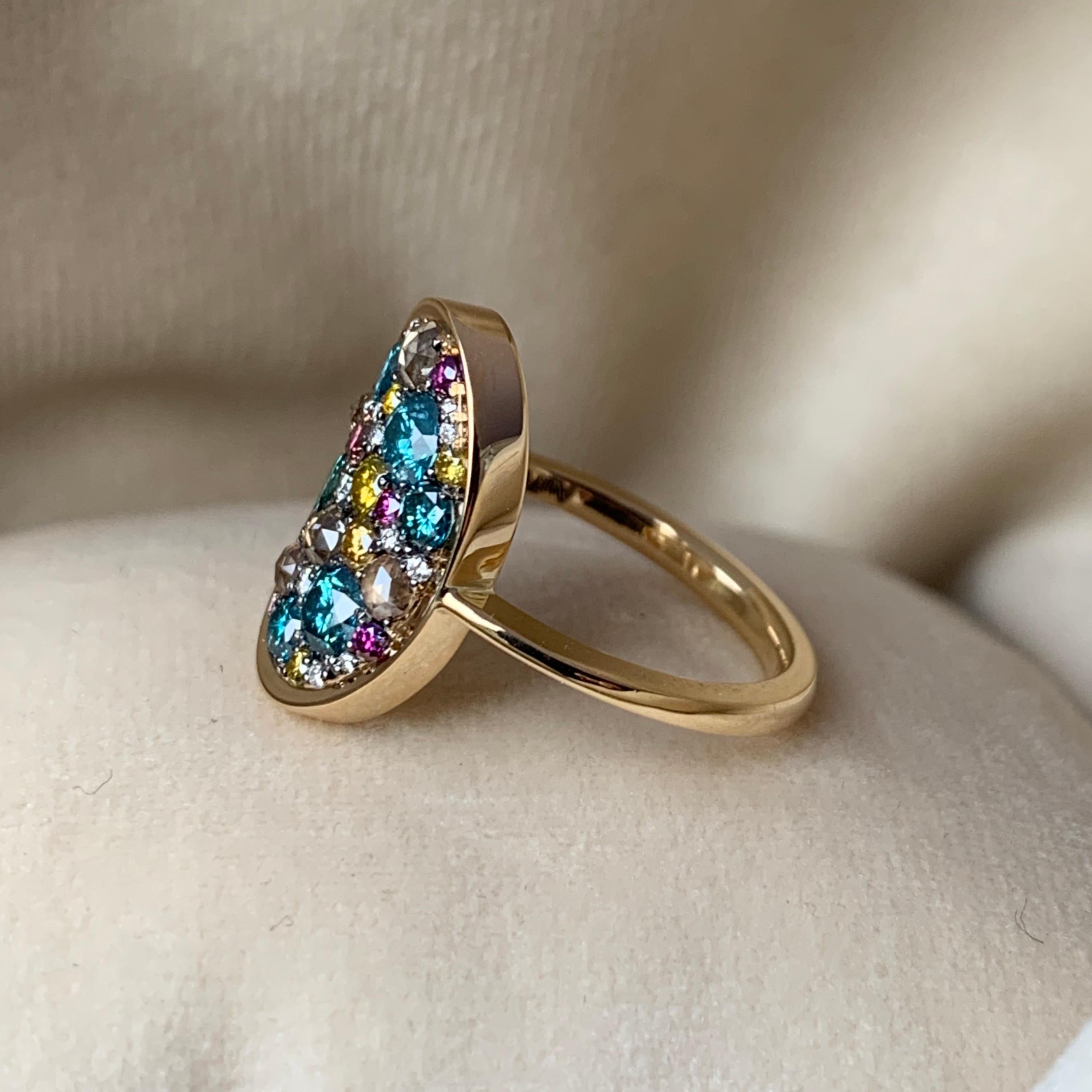 Women's 1.48 Carat Blue, Yellow and Purple, Brown White Diamond Pave Ring