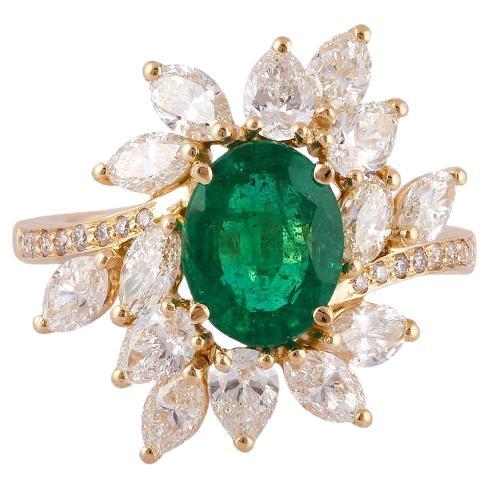 1.48 Carat Clear Zambian Emerald & Diamond Cluster Ring in 18K Yellow Gold For Sale
