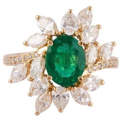 1.48 Carat Clear Zambian Emerald & Diamond Cluster Ring in 18K Yellow Gold