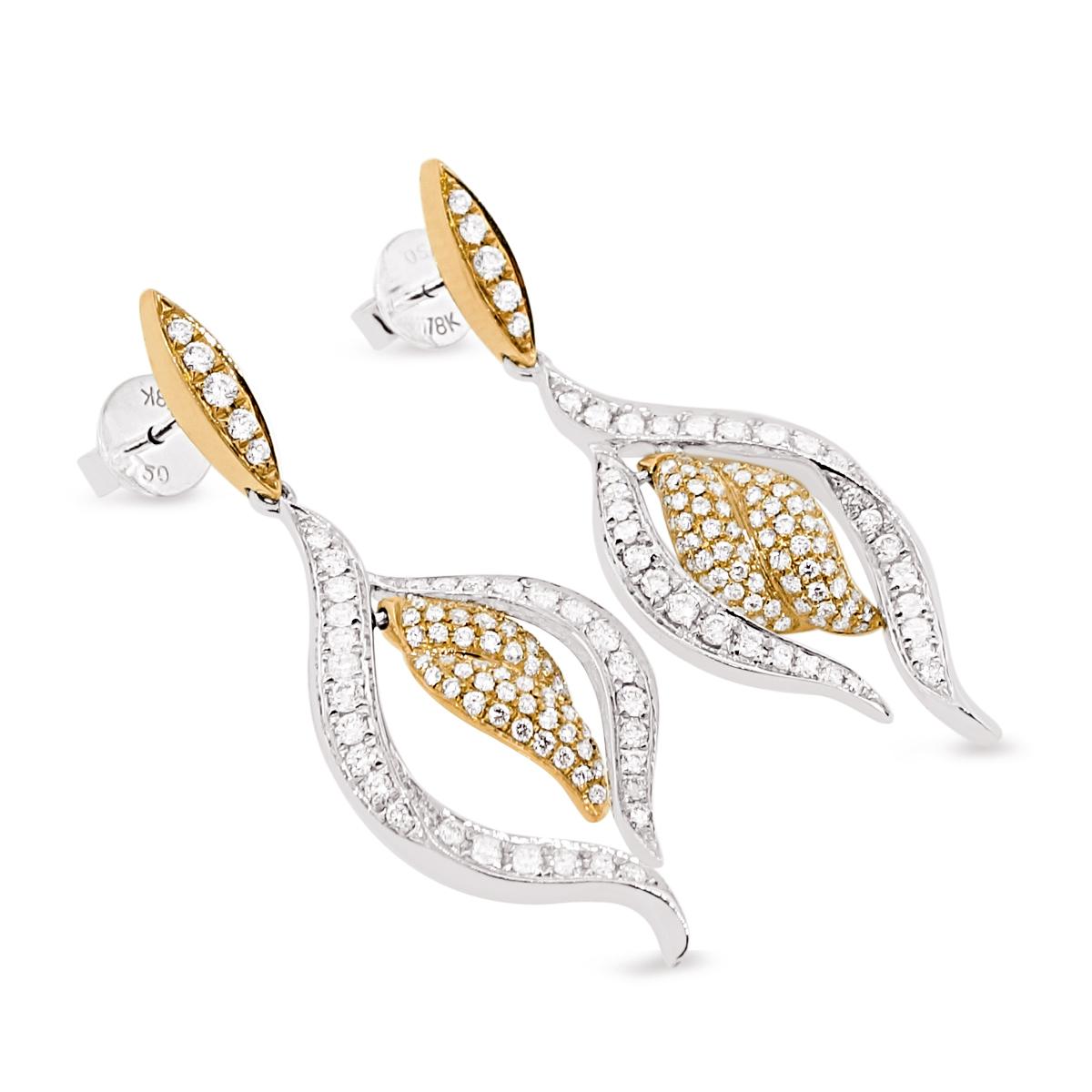 Diamond Earrings containing 210 round brilliant cut diamonds of about 1.48 carats with a clarity of VS and color G. All stones are set in 18k 2 tone gold. The total weight of the earrings is approximately 8.38 grams.

Measurements L x W: 1.75 x0.65