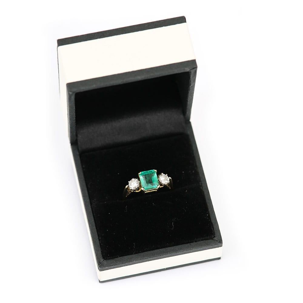 1.48 Carat Emerald and 0.60 Carat Diamond Three Stone Ring 18 Karat Yellow Gold 7