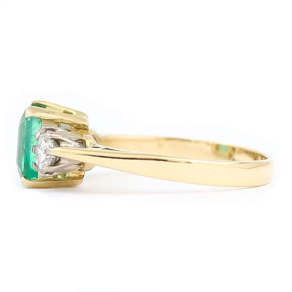 1.48 Carat Emerald and 0.60 Carat Diamond Three Stone Ring 18 Karat Yellow Gold In Good Condition In Lancashire, Oldham