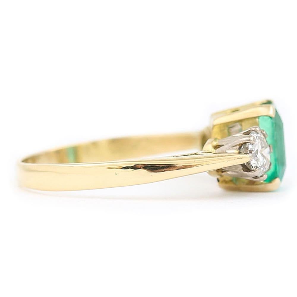 1.48 Carat Emerald and 0.60 Carat Diamond Three Stone Ring 18 Karat Yellow Gold 1