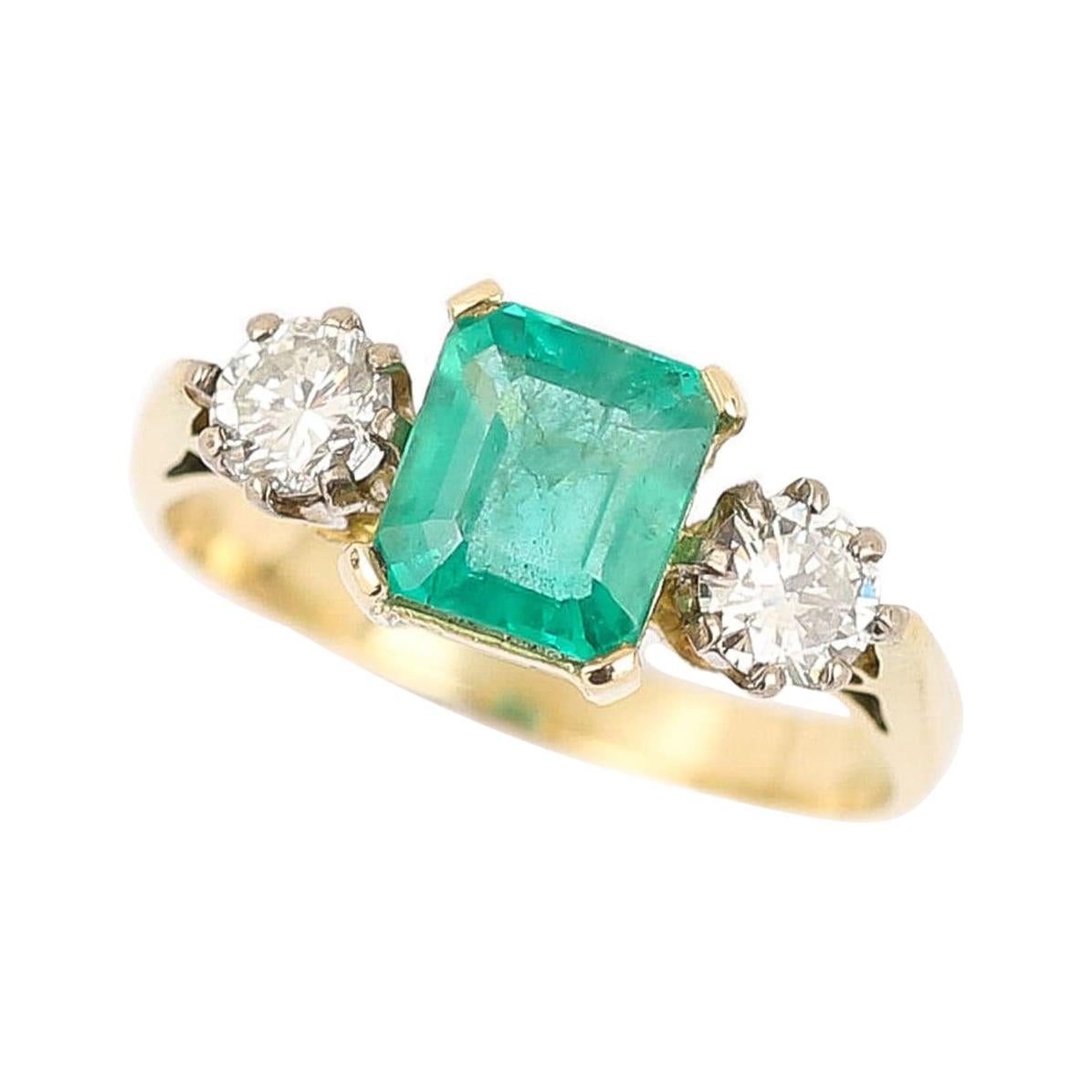 1.48 Carat Emerald and 0.60 Carat Diamond Three Stone Ring 18 Karat Yellow Gold