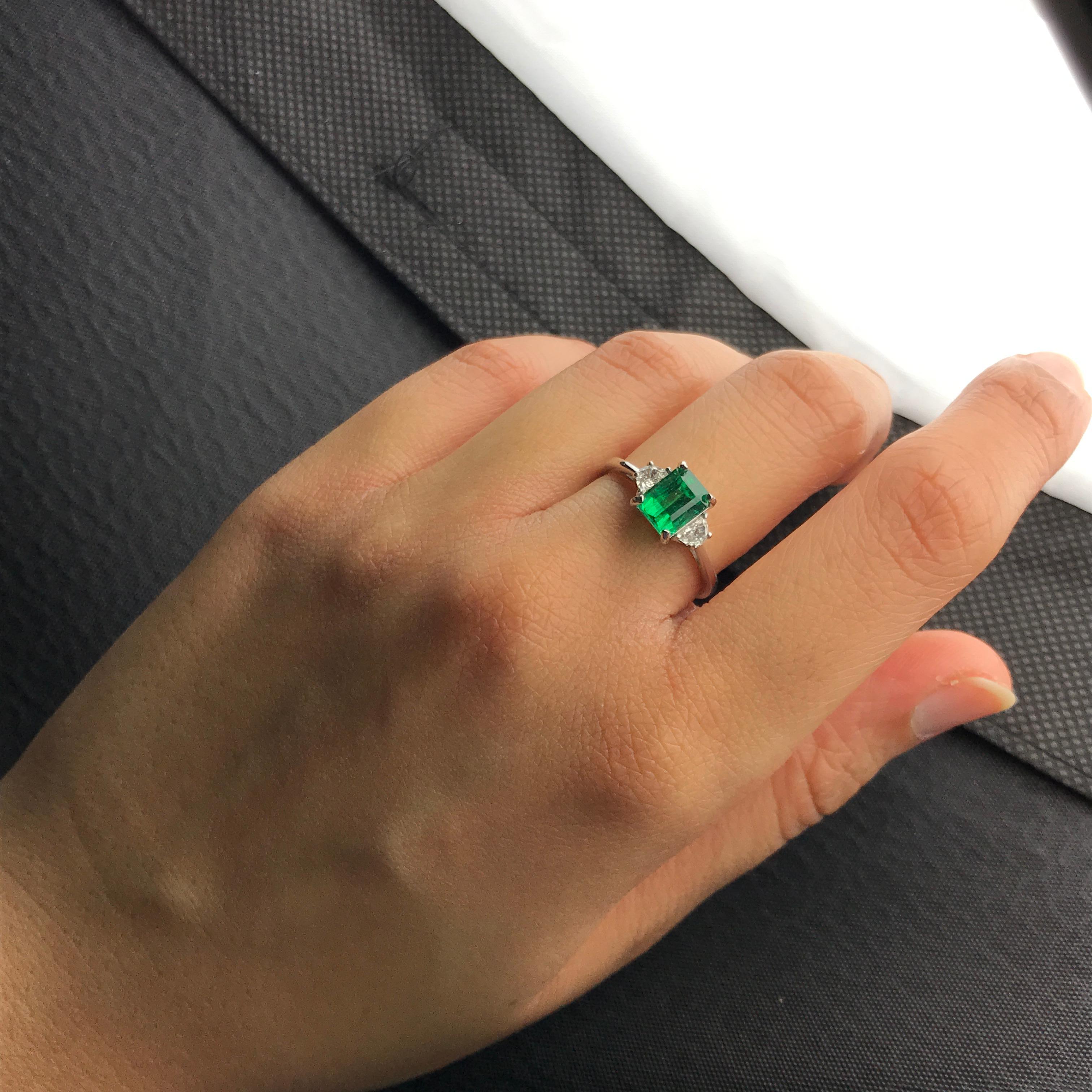 Emerald Cut 1.48 Carat Emerald and Diamond Three-Stone Engagement Ring