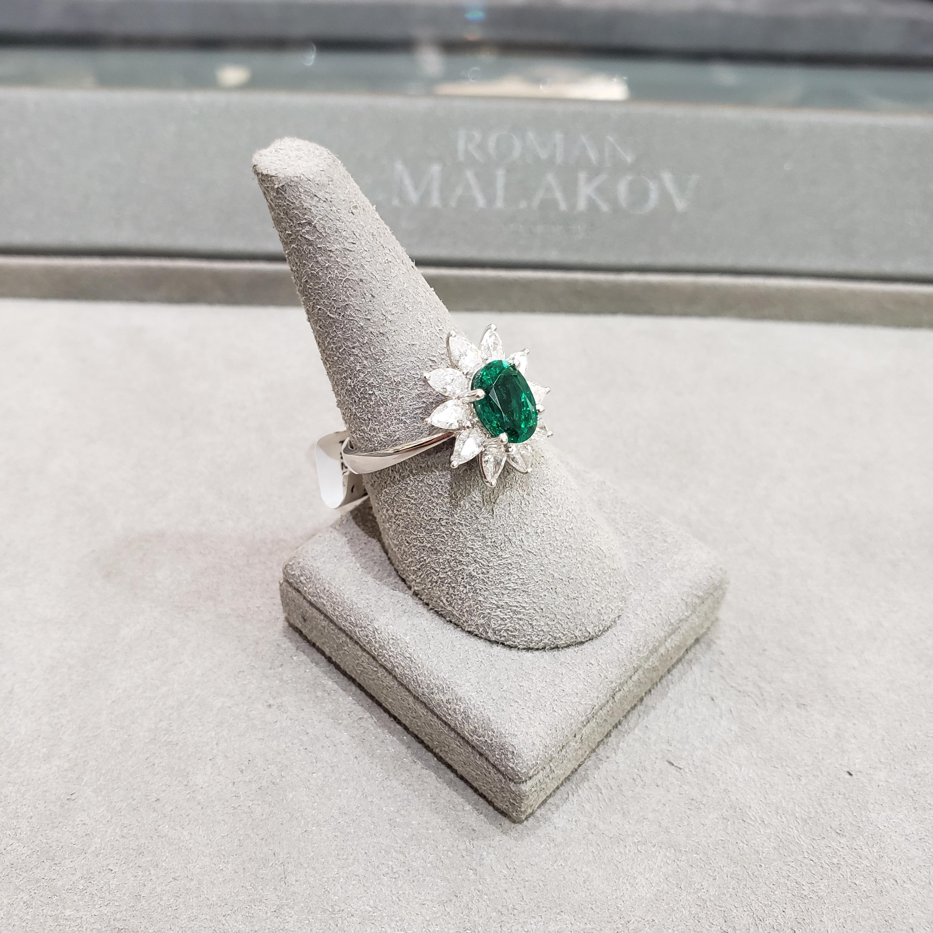 Contemporary Roman Malakov 1.48 Carats Oval Cut Green Emerald with Diamond Halo Floral Ring  For Sale