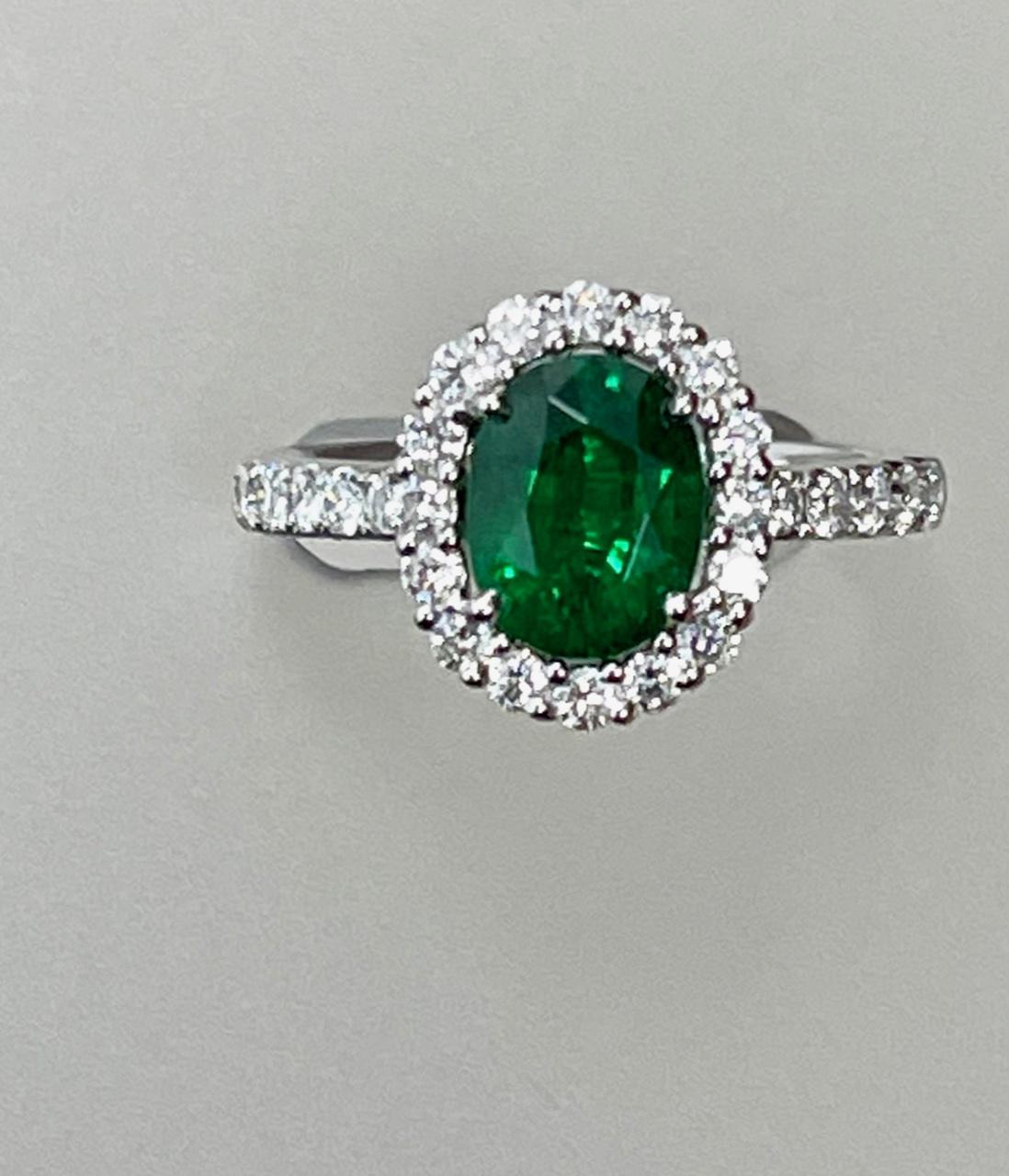 1.48 Carat Oval shape zambian emerald set in 18k white gold ring 