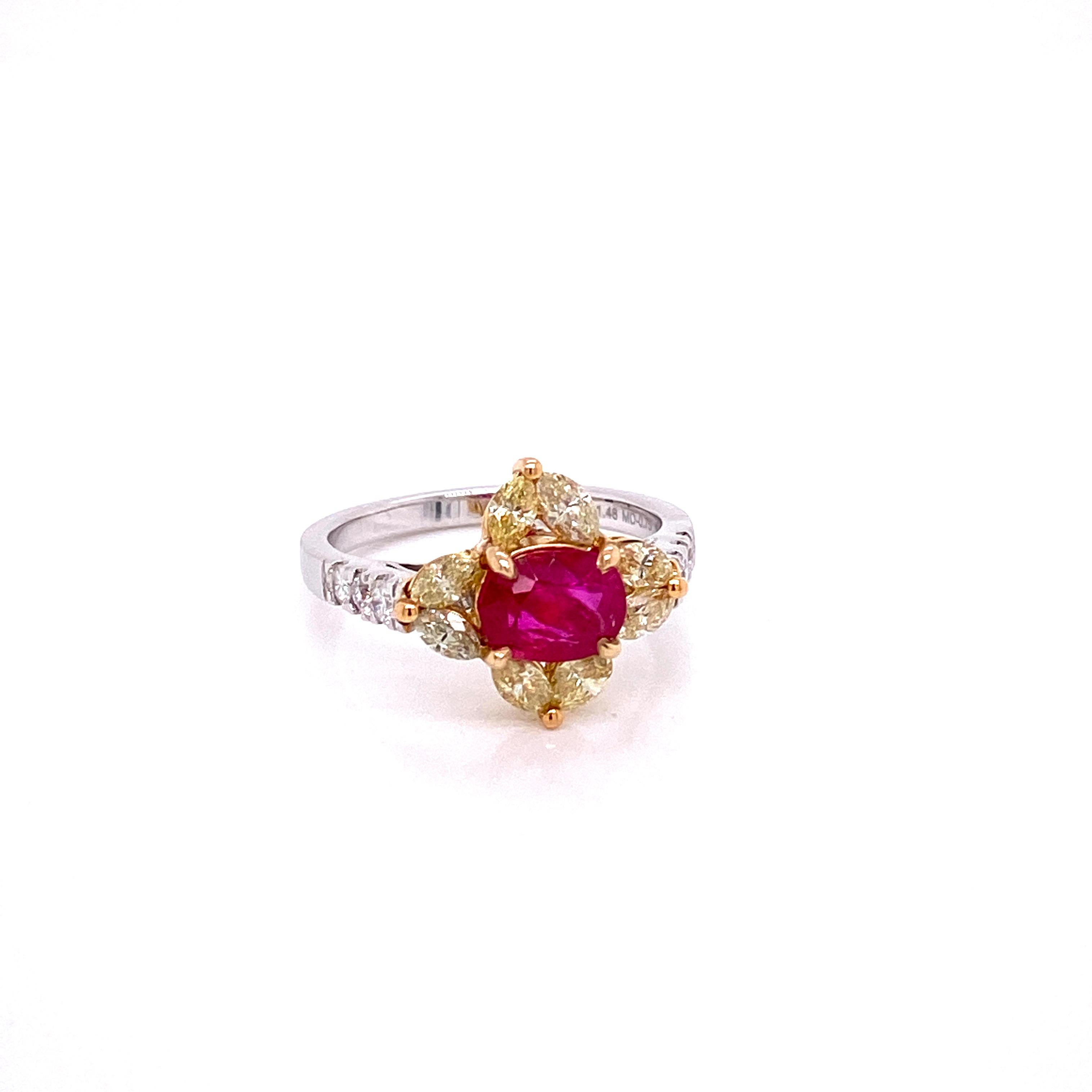 Contemporary 1.48 Carat GRS Certified No Heat Pigeon's Blood Red Burma Ruby and Diamond Ring