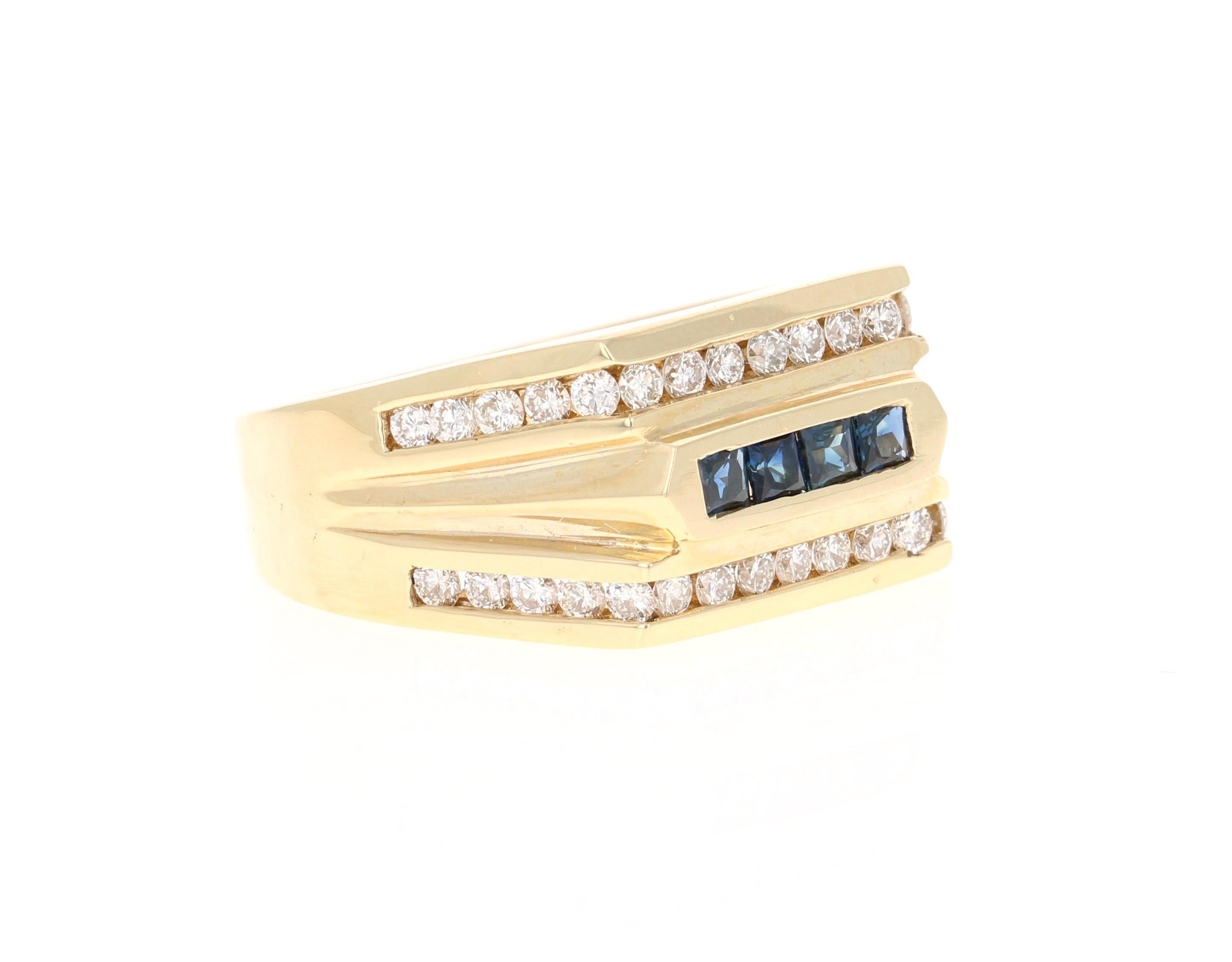 This piece is set with 4 Sapphires that weigh 0.45 Carats and 35 Round Cut Diamonds that weigh 1.03 Carats. The Total Carat Weight of the ring is 1.48 Carats. 

It is beautifully curated in 14 Karat Yellow Gold and weighs approximately 11.2 grams.