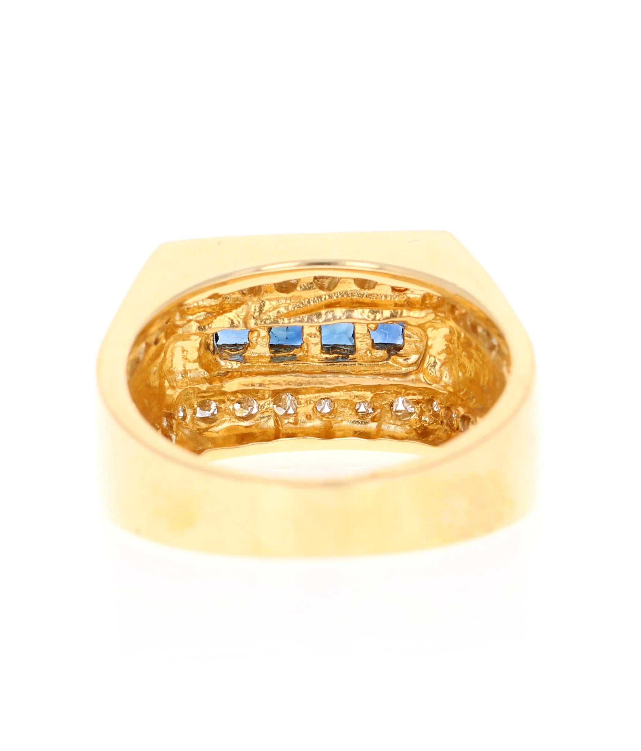 Taille carrée Bague pour homme en or jaune 14 carats avec saphirs et diamants de 1,48 carat en vente