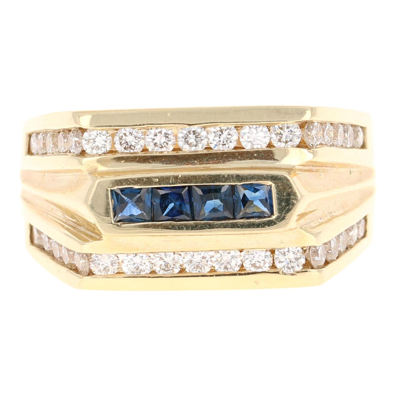 Anillo de oro amarillo de 14 quilates con zafiro y diamante de 1,48 quilates para hombre en venta