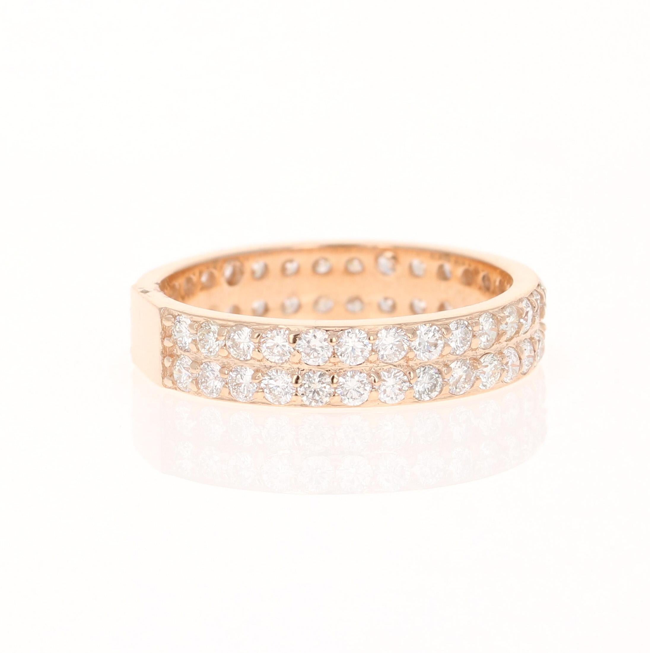 This ring has 60 Natural Round Cut Diamonds that weigh 1.48 Carats (Clarity: VS, Color: H) 
It has a gold gram weight of approximately 3.0 grams and is set in 14 Karat Rose Gold.

Ring size is 7 and can be re-sized, free of charge.