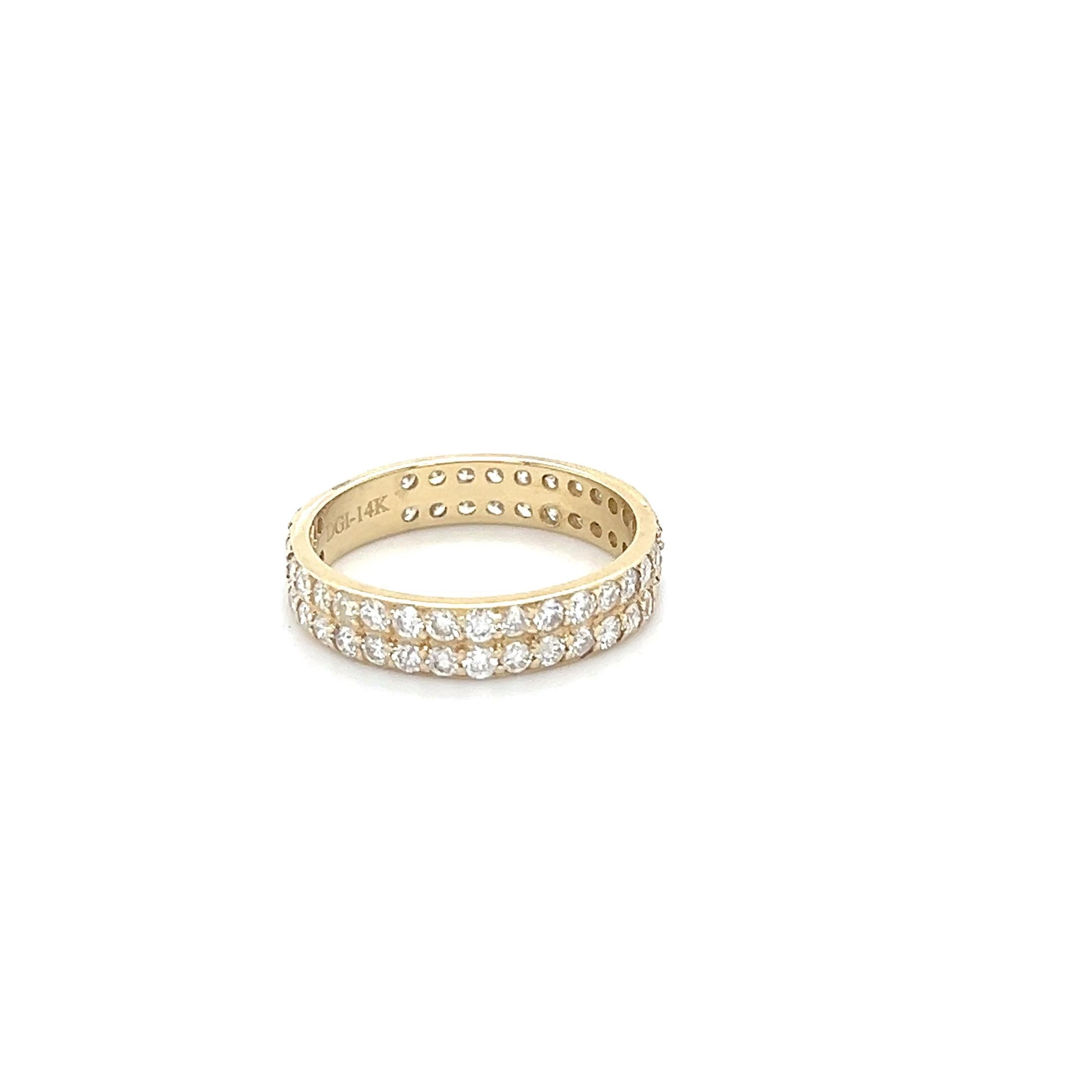 This ring has 60 Natural Round Cut Diamonds that weigh 1.48 Carats (Clarity: VS, Color: H) 
It has a gold gram weight of approximately 3.0 grams and is set in 14 Karat Yello Gold.

Ring size is 7 and can be re-sized, free of charge.