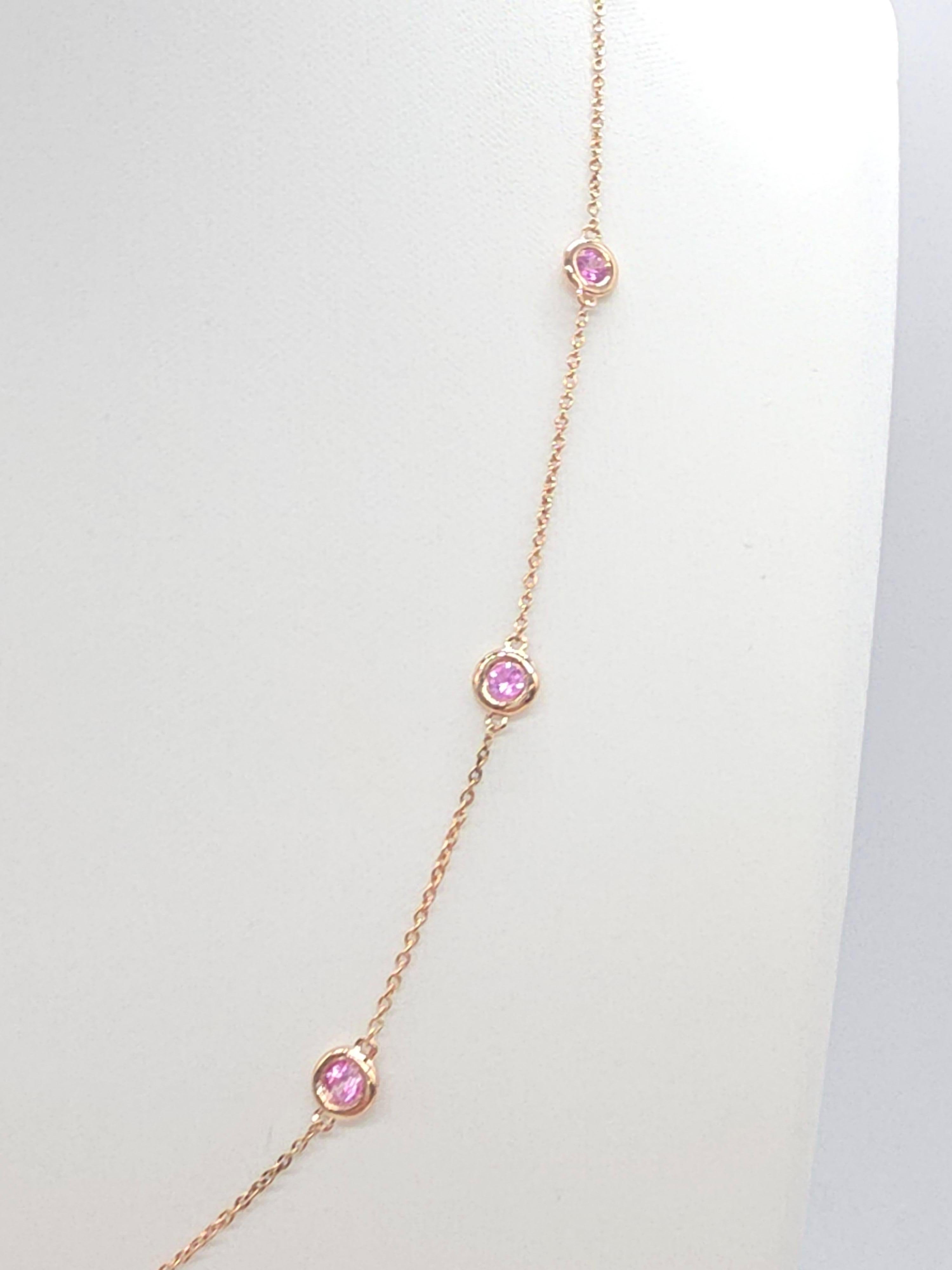 1.48 Quilates Zafiro Rosa Natural Station Collar Oro Amarillo 14 Kilates 17'' Corte redondo en venta