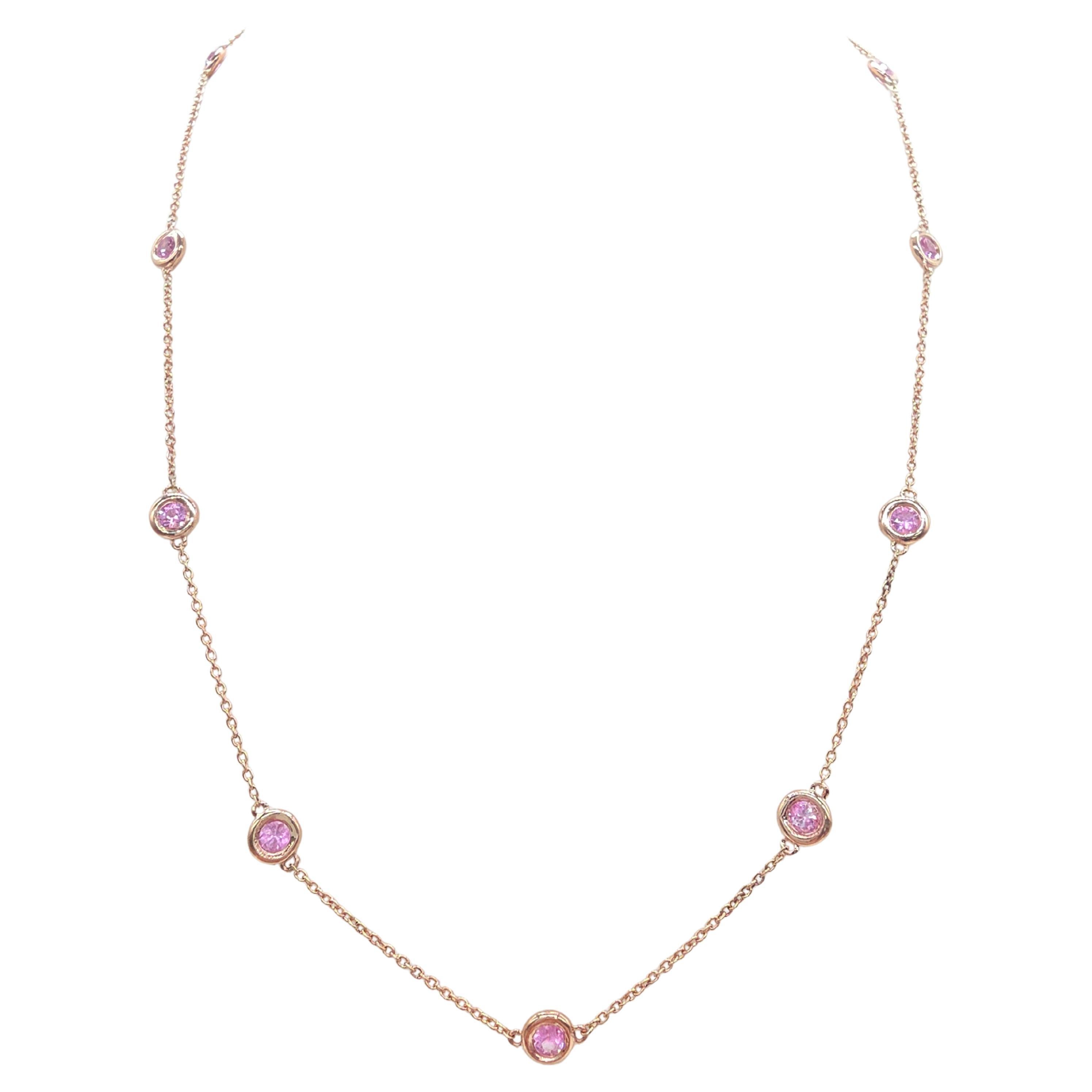 1.48 Quilates Zafiro Rosa Natural Station Collar Oro Amarillo 14 Kilates 17''