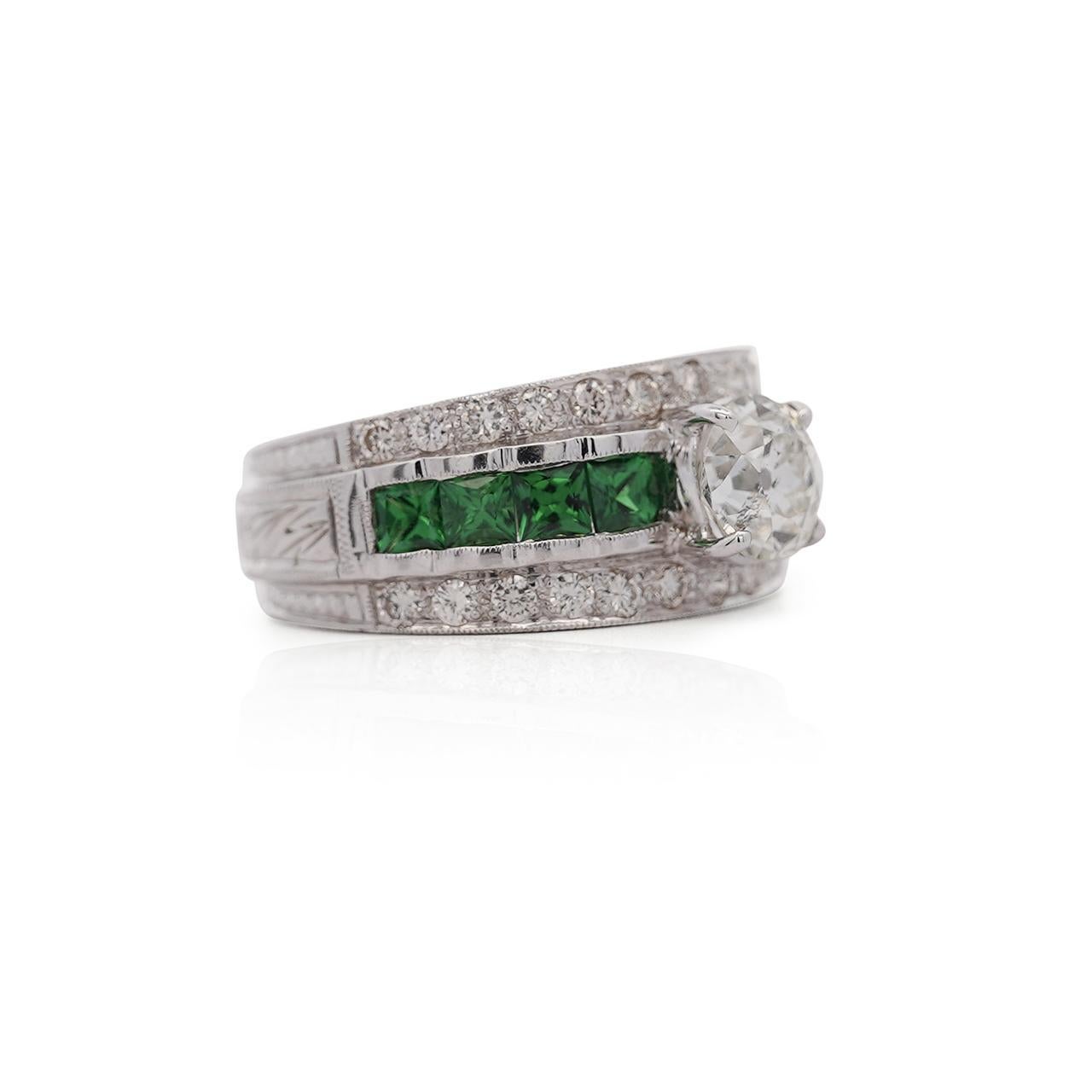 Old European Cut 1.48 Carat Old Cut Diamond and Tsavorite Vintage Art Deco Filigree Ring For Sale