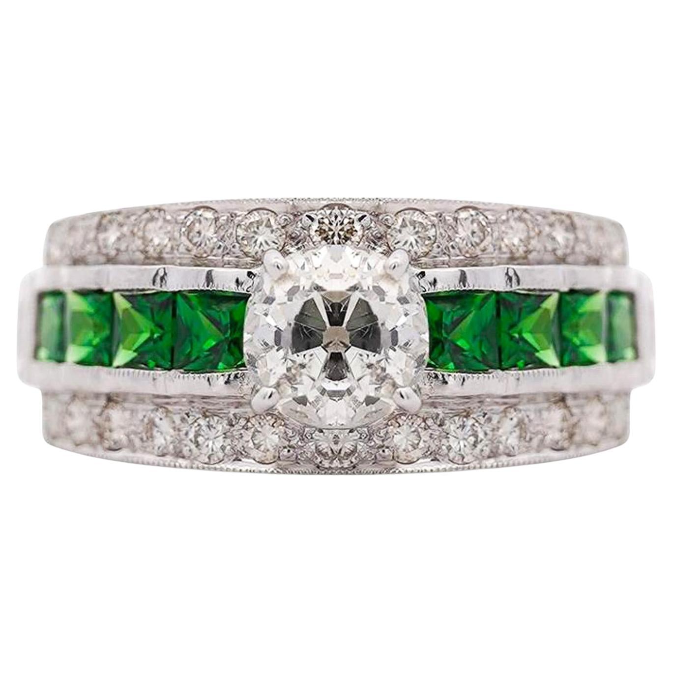 1.48 Carat Old Cut Diamond and Tsavorite Vintage Art Deco Filigree Ring