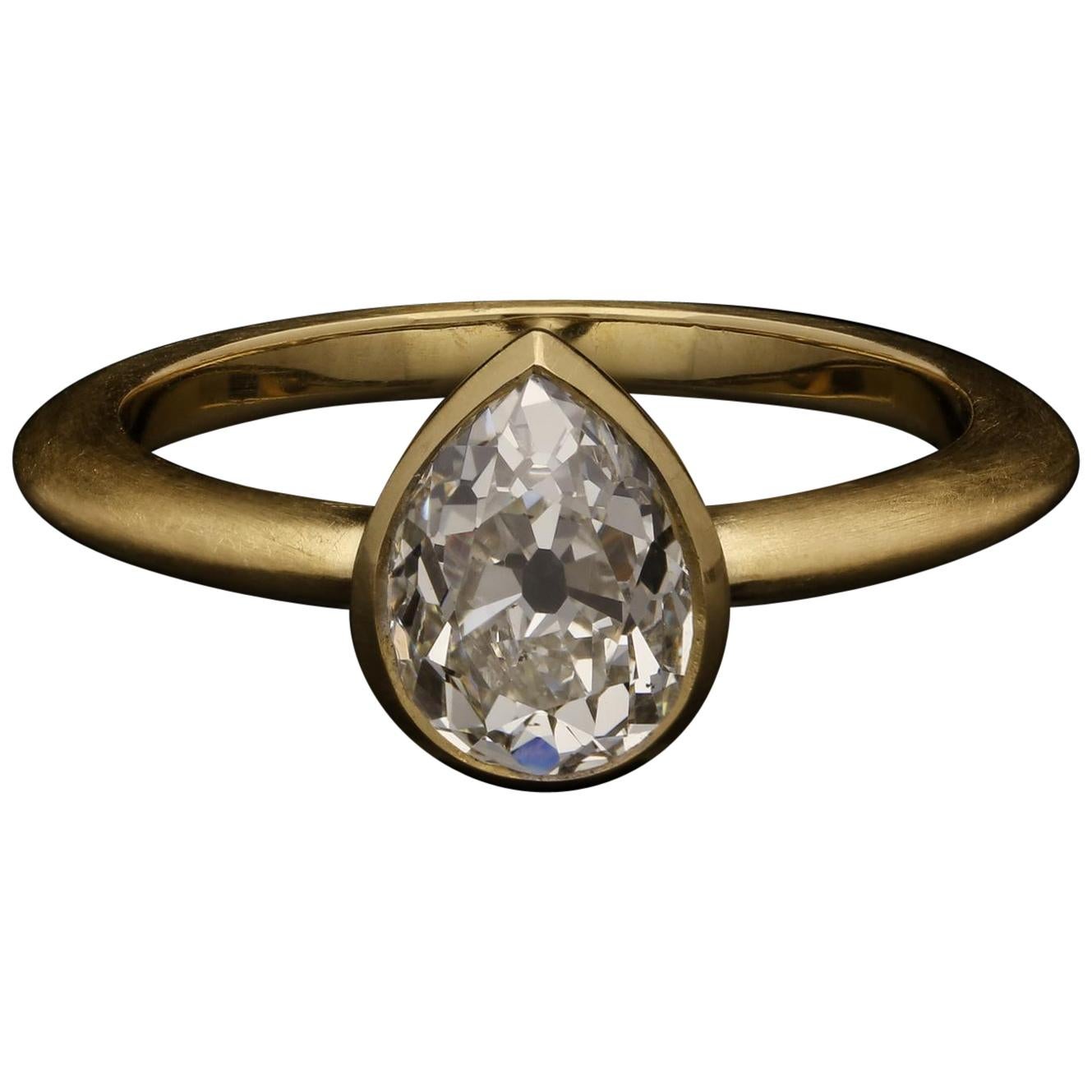 Hancocks 1.48 Carat Old Cut Pear Shape Diamond Solitaire Ring in Satin 18ct Gold