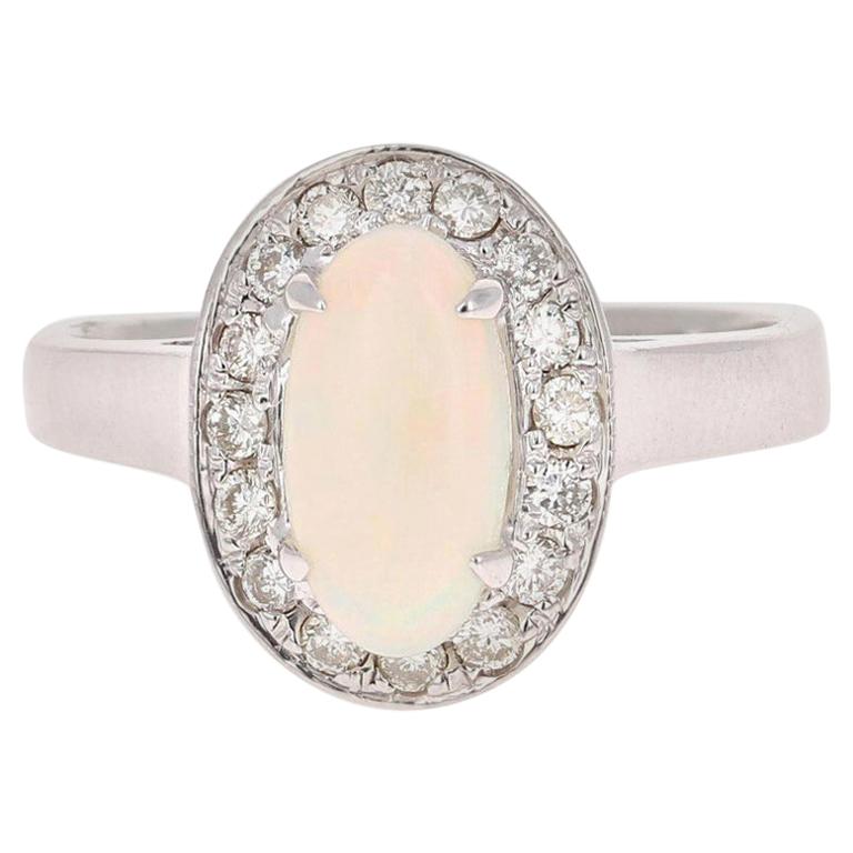 Bague Solitaire Cocktail édouardienne - Or Jaune 14k, Opale Ovale, Motifs Milgrain - Occasion