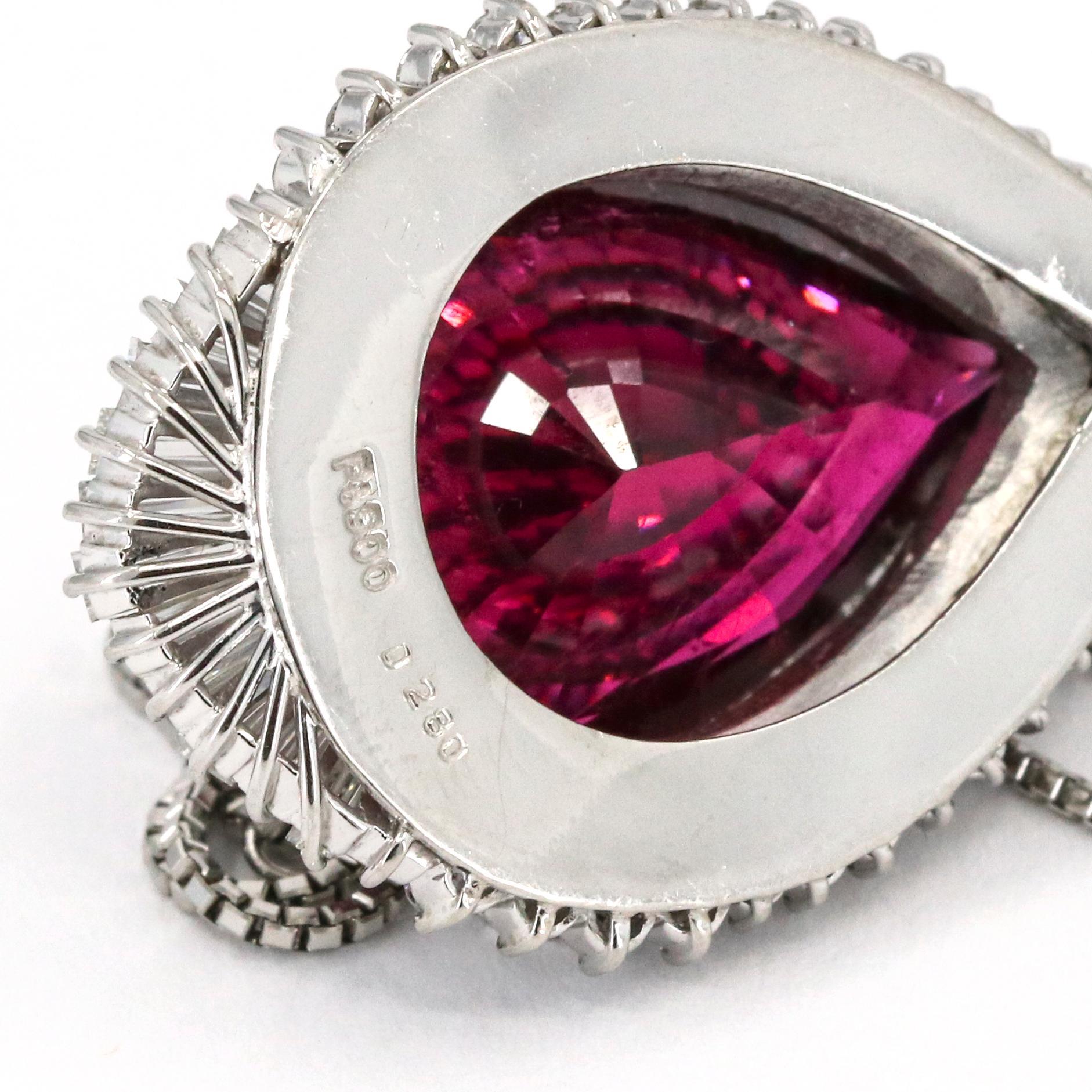 Women's 14.8 Carat Pear Cut Rubelite Diamond Platinum Drop Pendant Necklace For Sale