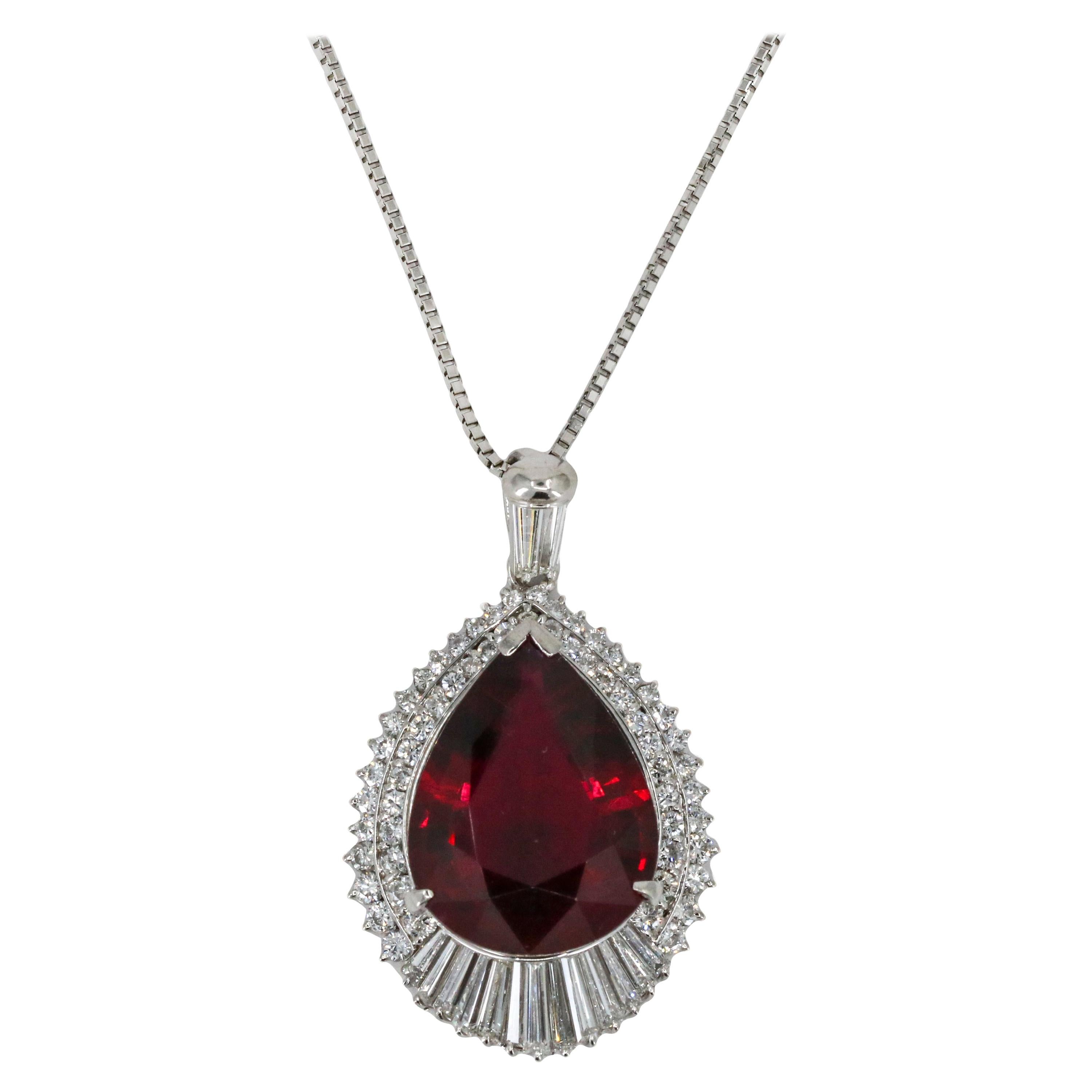 14.8 Carat Pear Cut Rubelite Diamond Platinum Drop Pendant Necklace For Sale