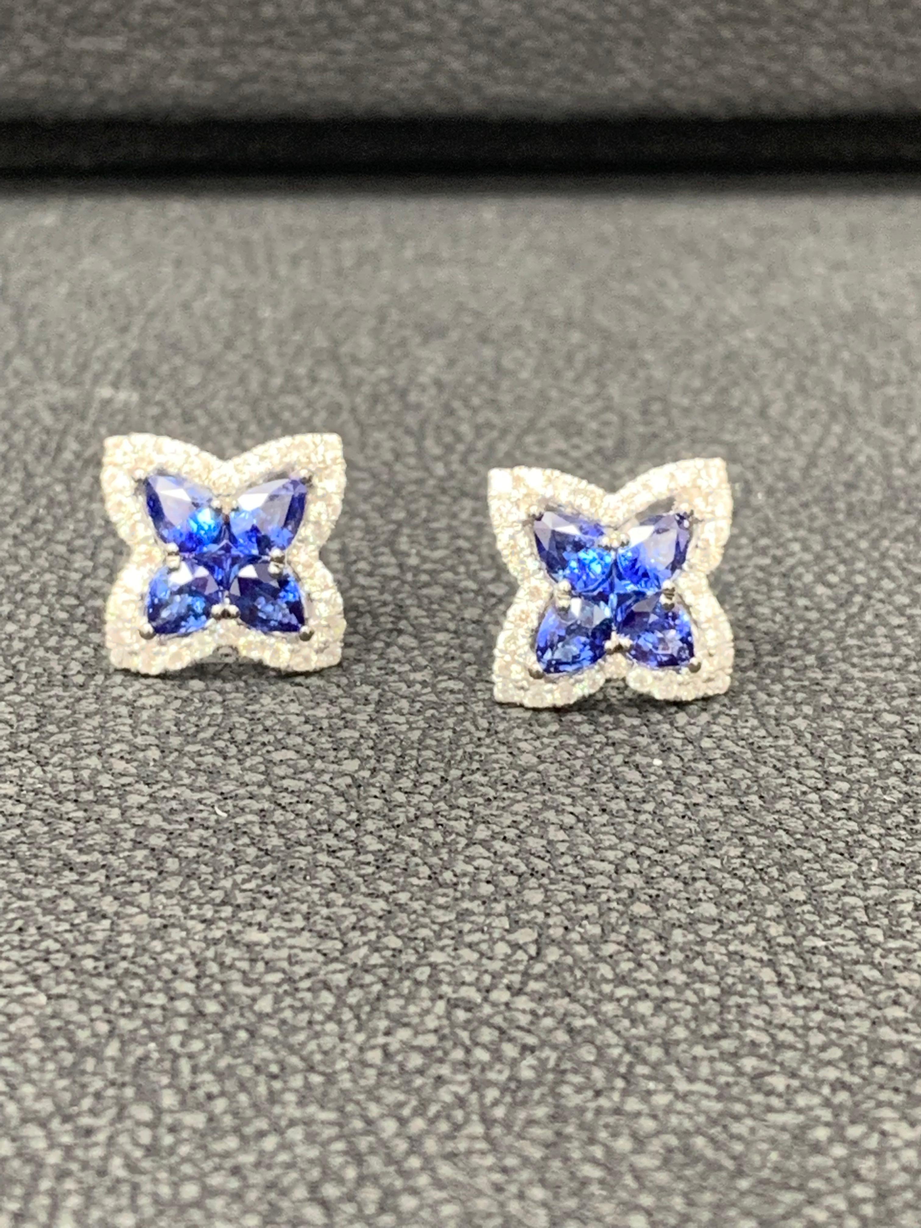 1.48 Carat Pear Shape Sapphire and Diamond Stud Earrings in 18K White Gold In New Condition For Sale In NEW YORK, NY